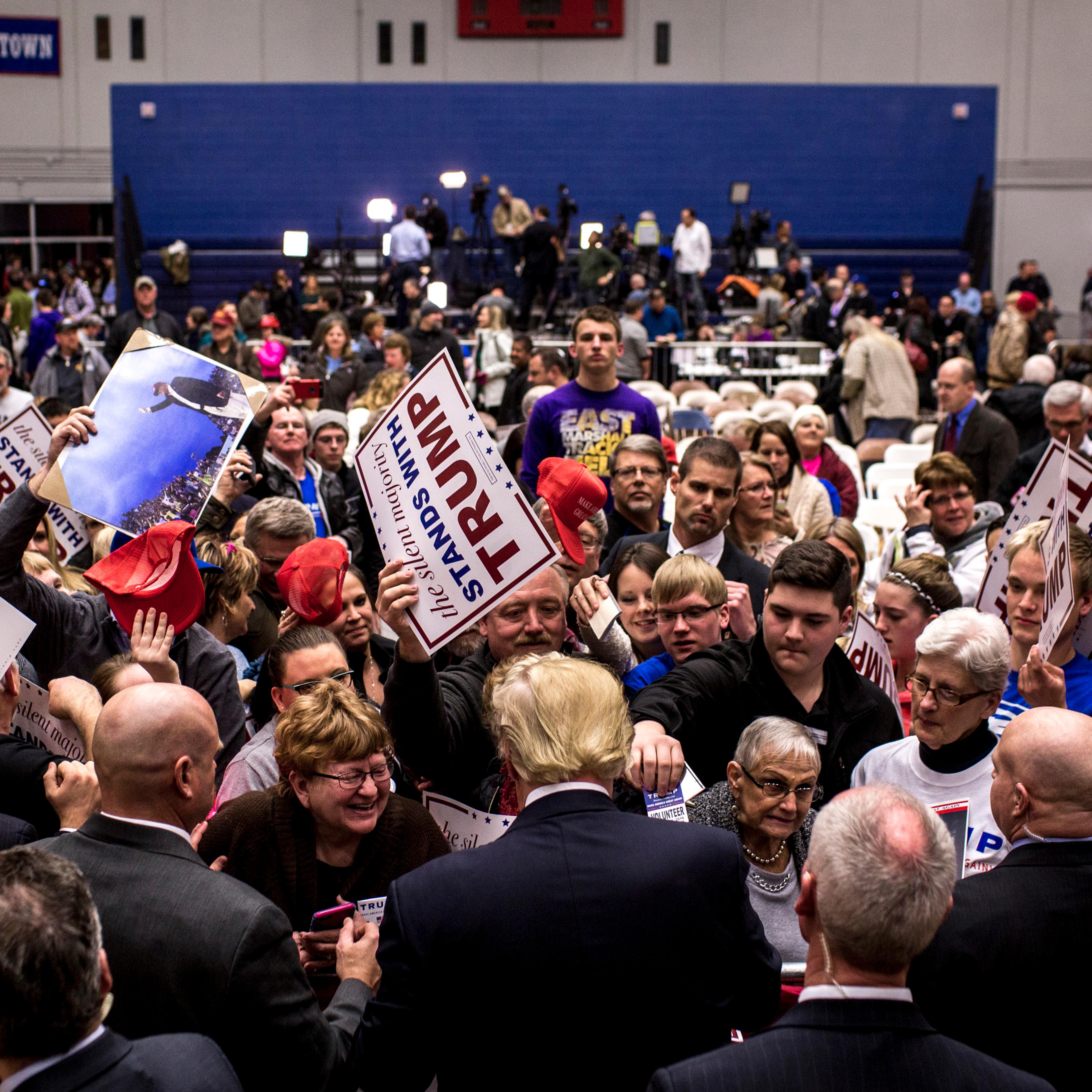 Donald Trump greets supporters at a rally on Jan. 26, 2016, in Des Moines, Iowa.
