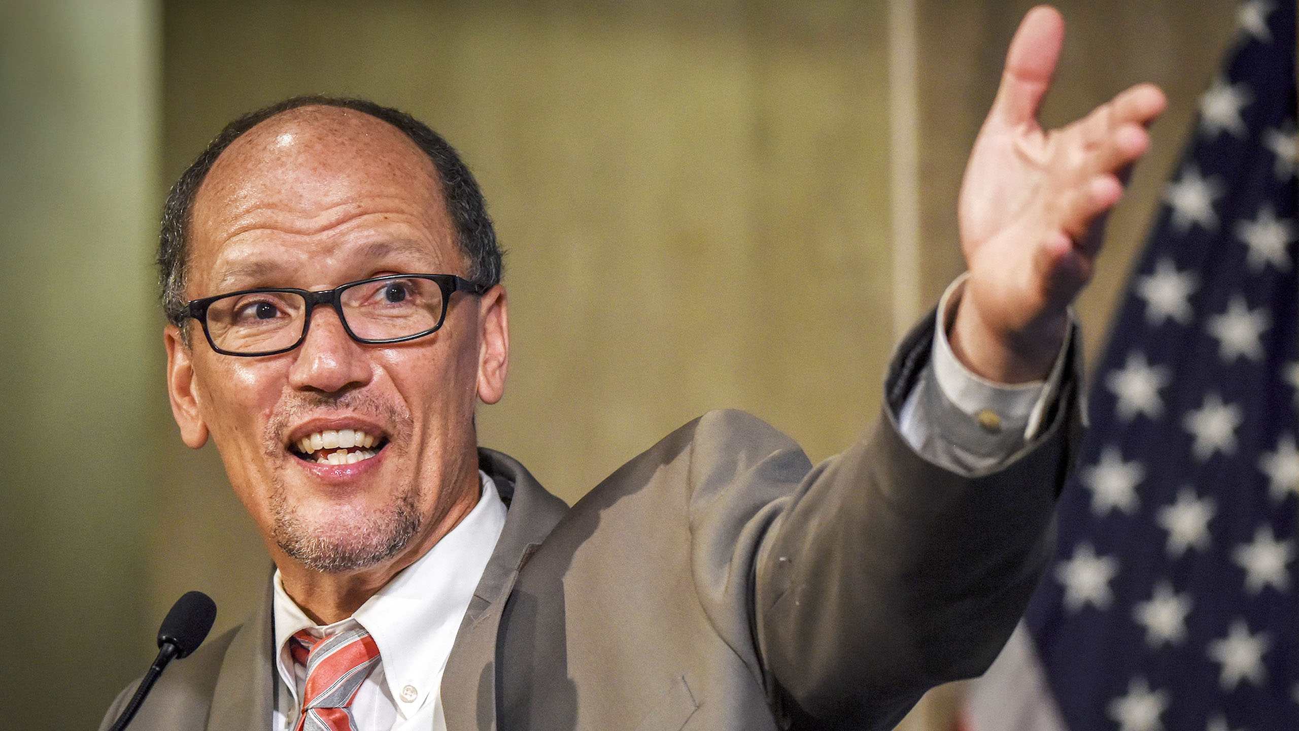 Secretary of Labor Tom Perez, speculated to be on the short list for Hillary Clinton's Vice President, addresses a women's summit at the Department of Labor in Washington, DC.