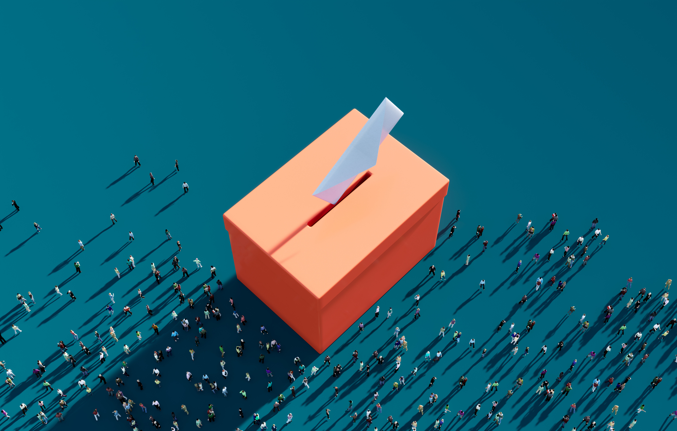 People Waiting Before An Orange Colored Ballot Box On Blue Background