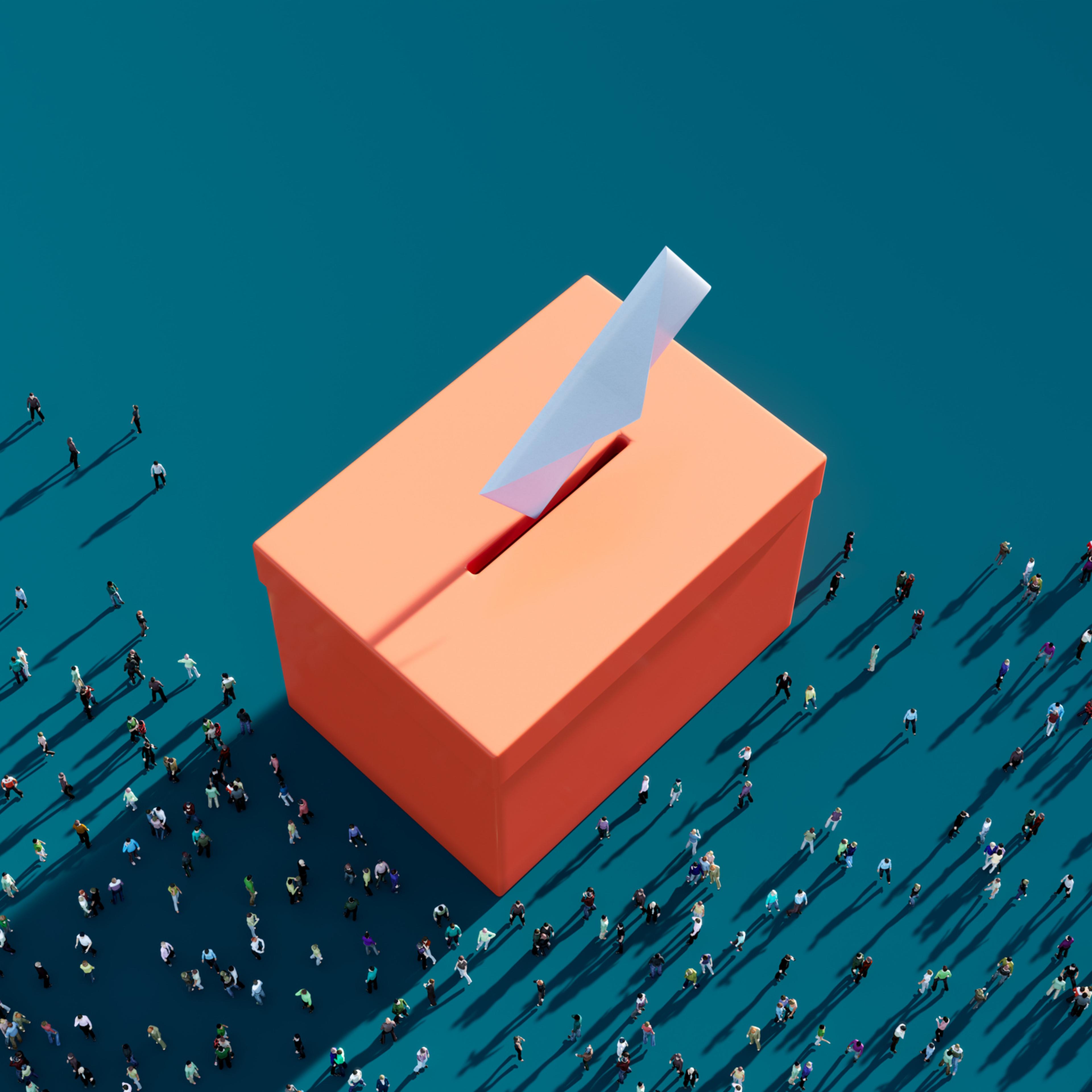 People Waiting Before An Orange Colored Ballot Box On Blue Background
