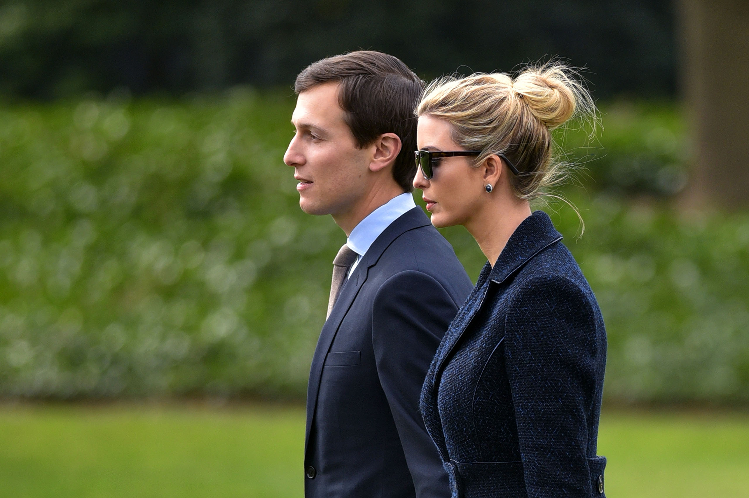 Senior Advisor to the President, Jared Kushner (L), walks with his wife Ivanka Trump to board Marine One at the White House in Washington, D.C., on March 3, 2017.