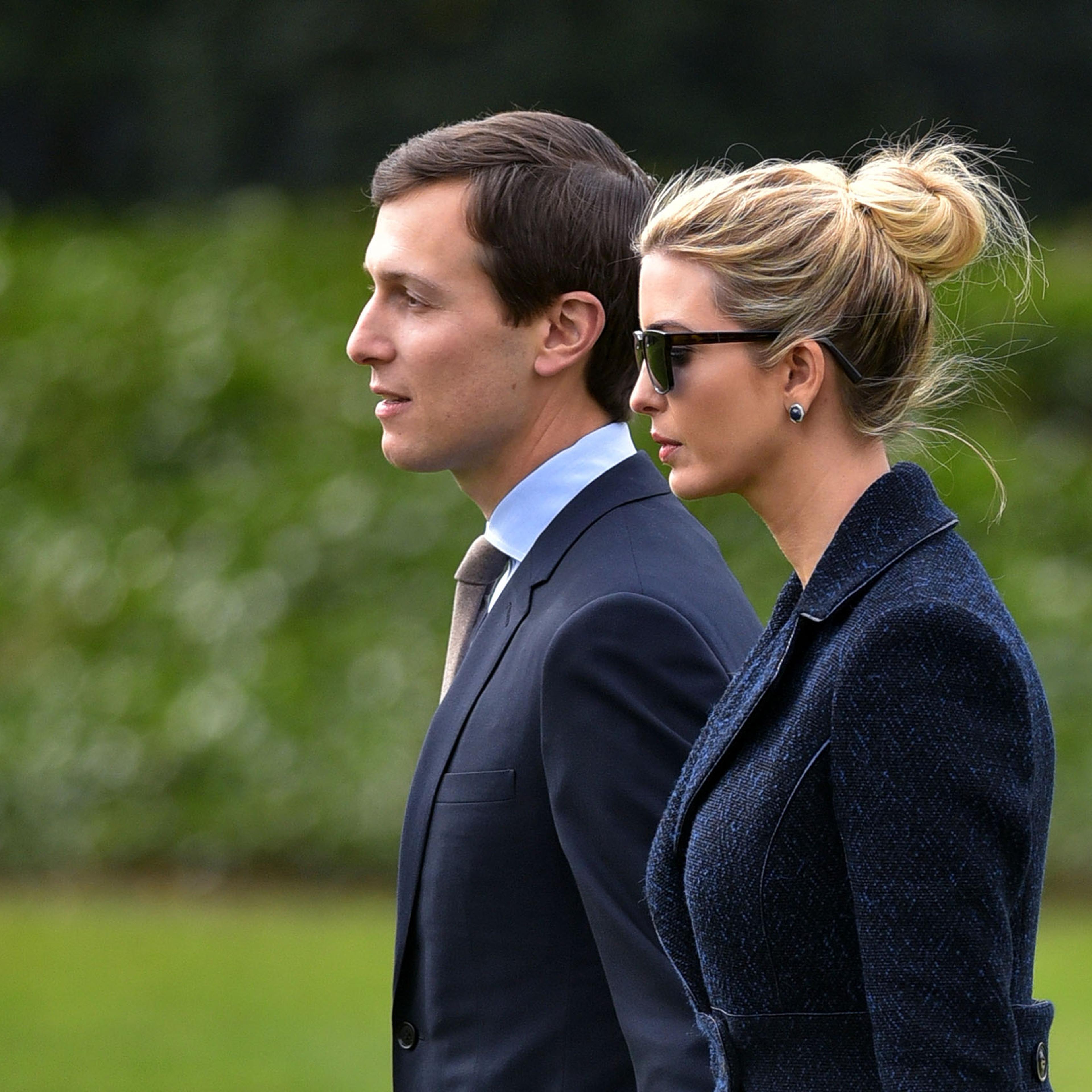 Senior Advisor to the President, Jared Kushner (L), walks with his wife Ivanka Trump to board Marine One at the White House in Washington, D.C., on March 3, 2017.