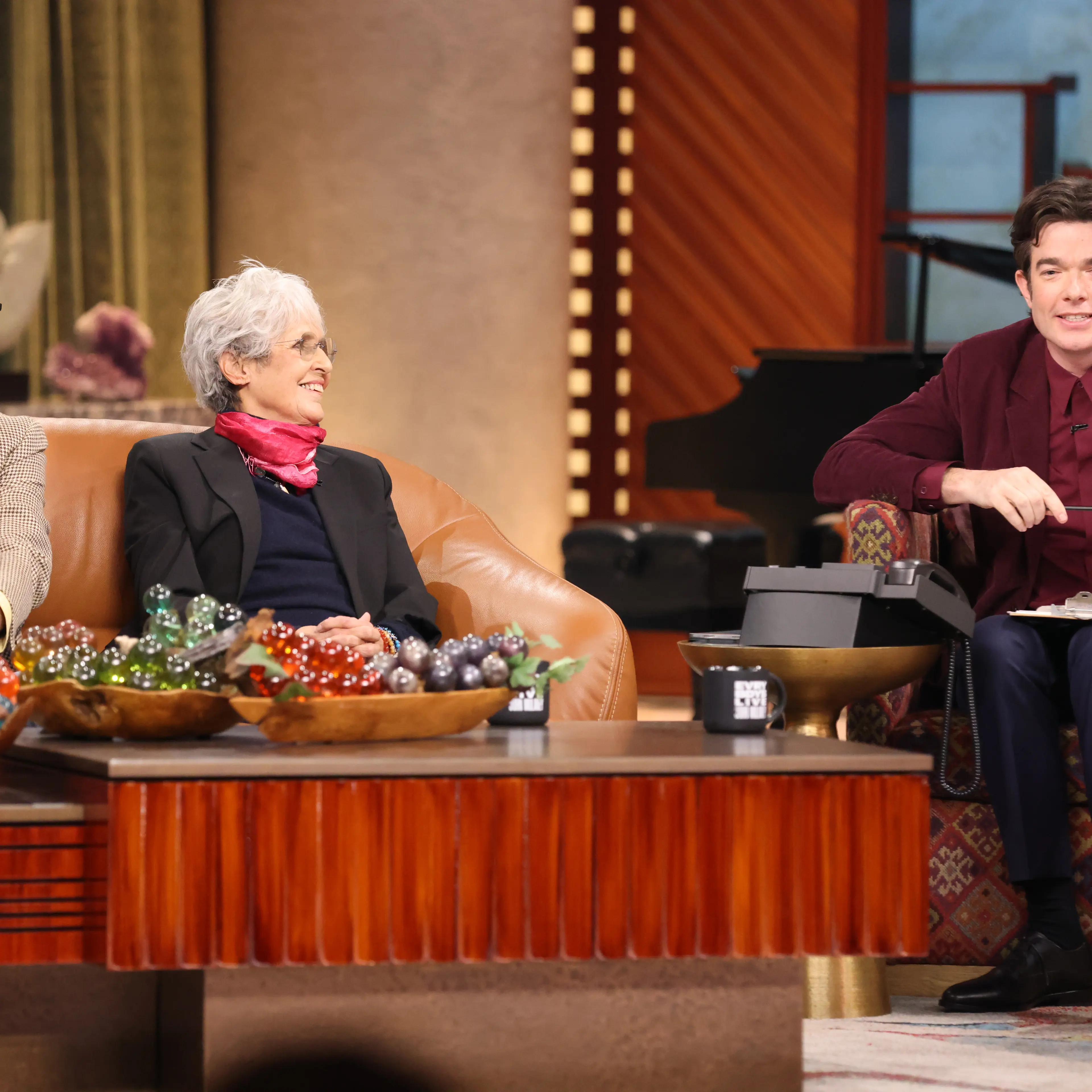 Michael Keaton, Joan Baez and John Mulaney at Everybody's Live with John Mulaney at The Sunset Gower Studios on March 12, 2025 in Los Angeles, CA. Cr. Ryan West/Netflix © 2024