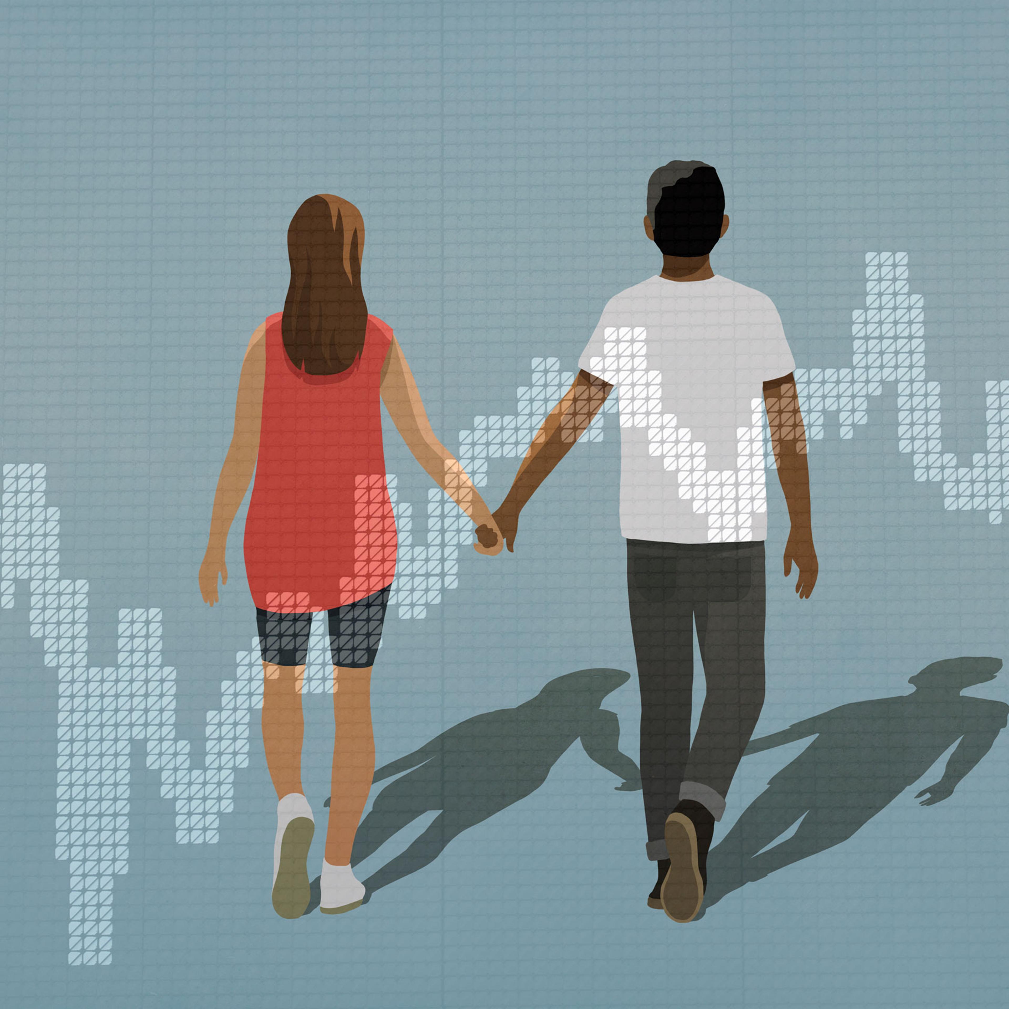 illustration couple holding hands and a stock market graph