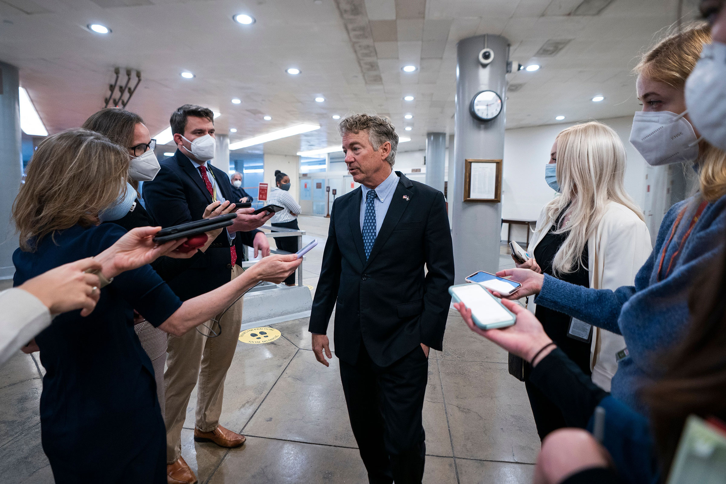 Republican Senator from Kentucky Rand Paul speaks to the media before being sworn-in for the upcoming impeachment trial against former President Donald Trump in the Capitol in Washington on Jan. 26, 2021.