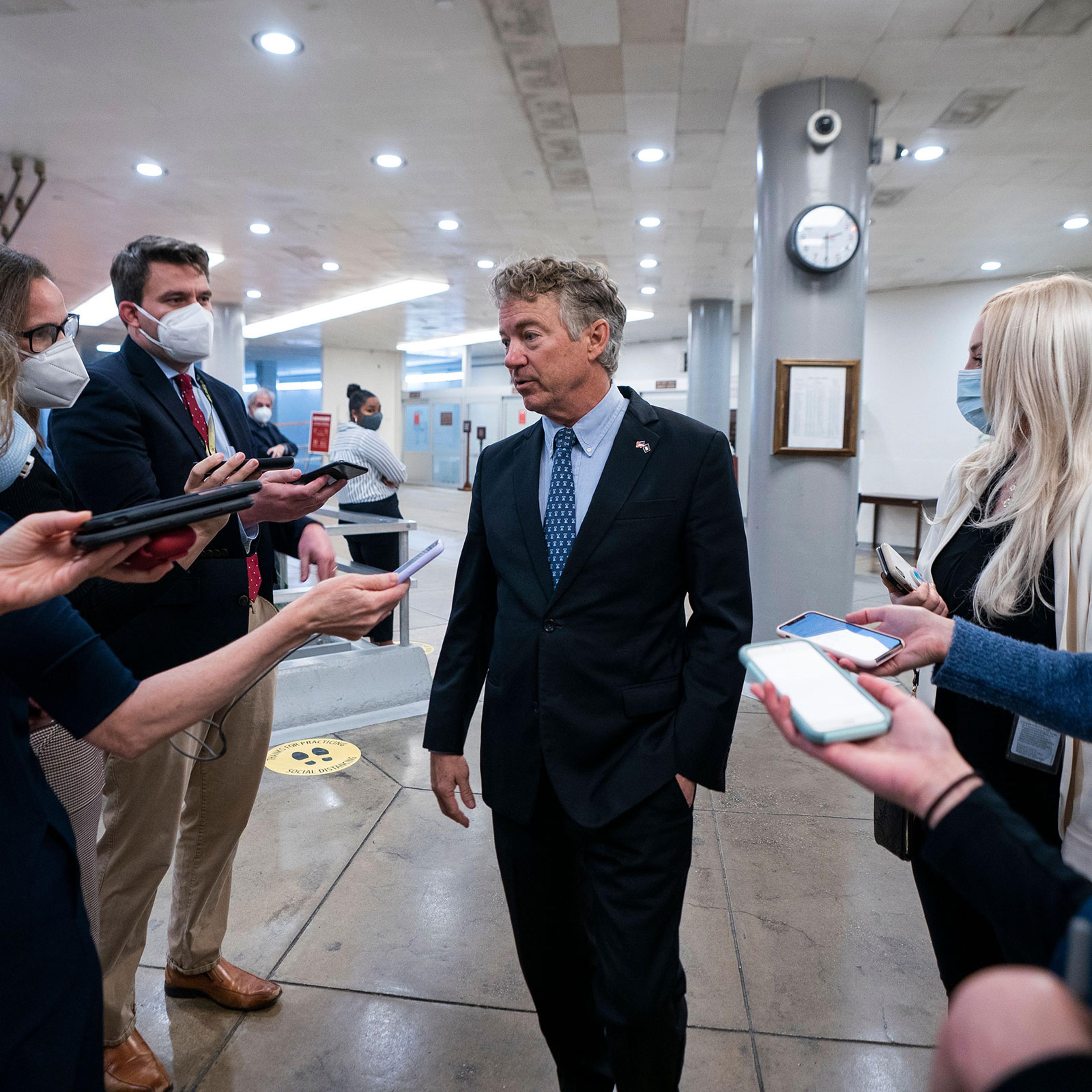 Republican Senator from Kentucky Rand Paul speaks to the media before being sworn-in for the upcoming impeachment trial against former President Donald Trump in the Capitol in Washington on Jan. 26, 2021.