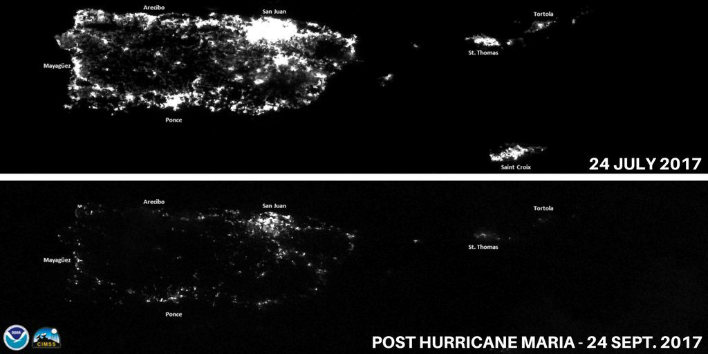A combination of NOAA satellite images taken at night shows Puerto Rico in July, top, and on Sept. 24, 2017, after Hurricane Maria knocked out the island's power grid.
