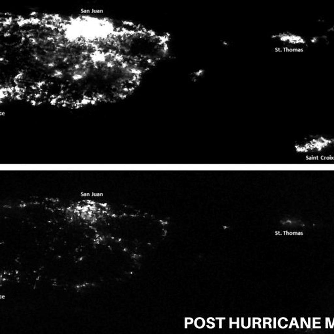A combination of NOAA satellite images taken at night shows Puerto Rico in July, top, and on Sept. 24, 2017, after Hurricane Maria knocked out the island's power grid.