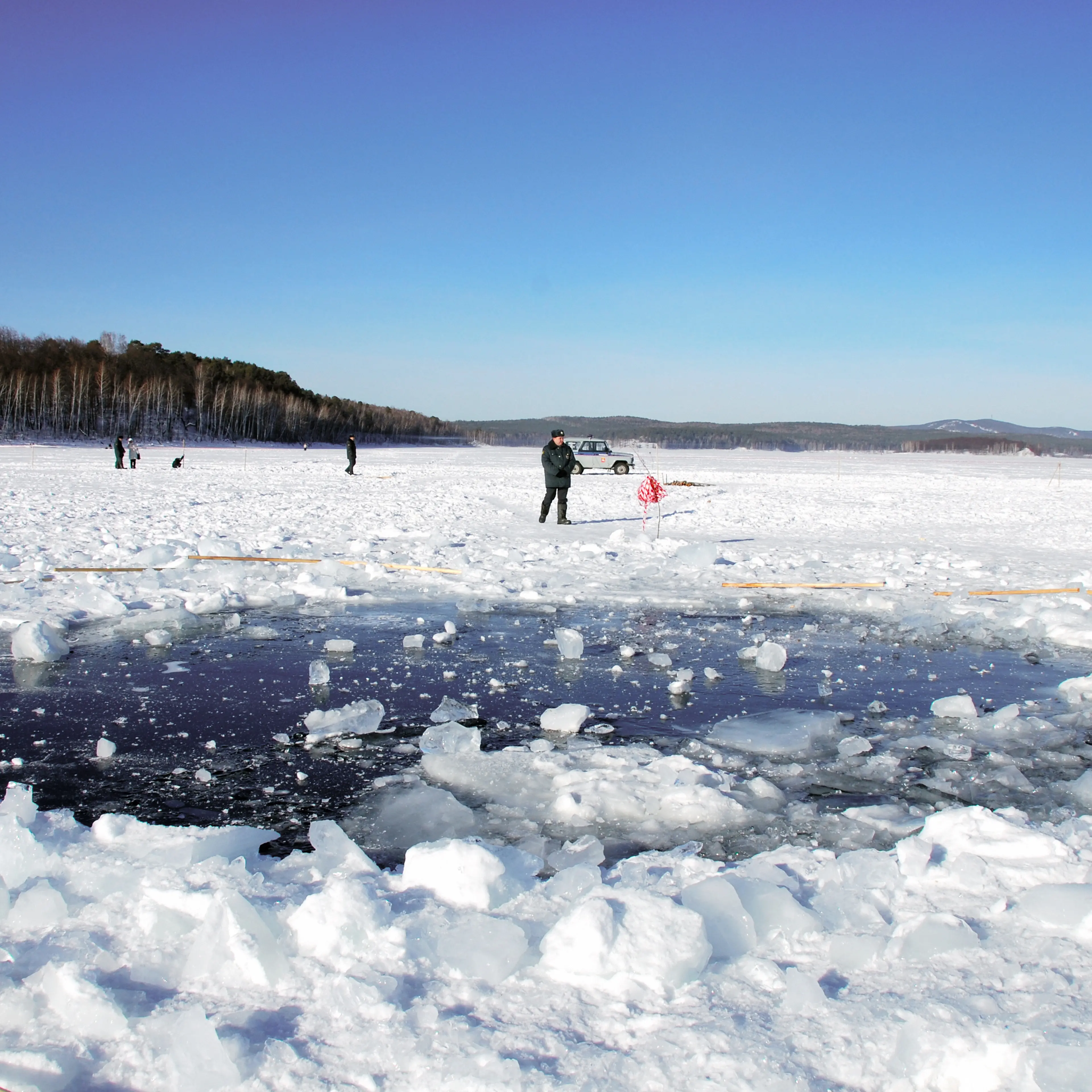 Bullseye: A hole left in a frozen lake in Chelyabinsk, thought to have been punched out by a fragment of the meteor that struck in 2013.