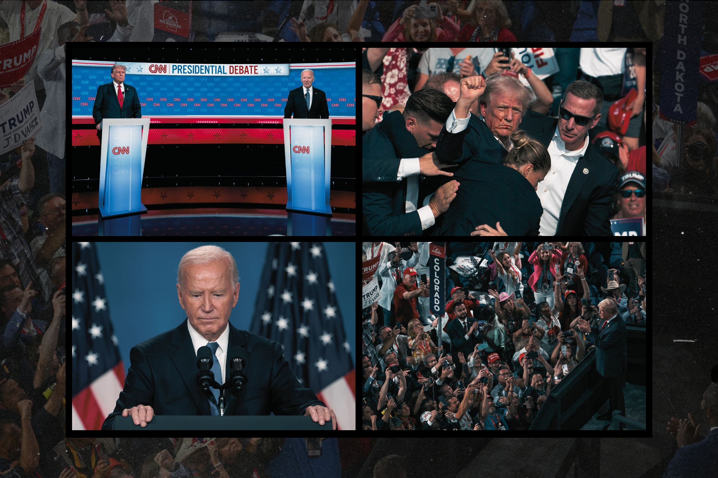 Former president Donald Trump and President Biden debate on June 27; Trump being ushered off stage by Secret Service at his rally in Butler, Pa.; Trump greets supporters at the RNC on July 15;  Biden holds a news conference on July 11