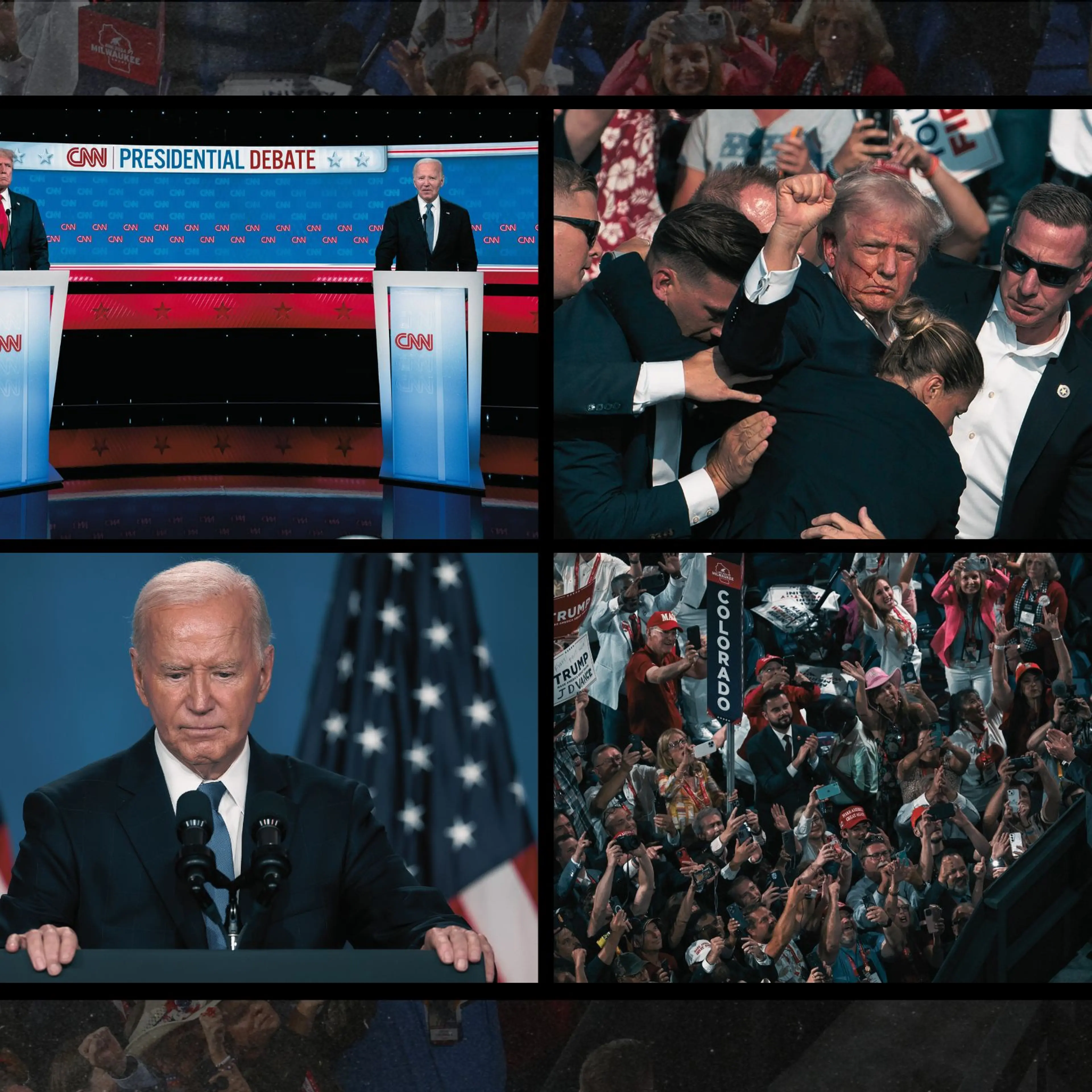 Former president Donald Trump and President Biden debate on June 27; Trump being ushered off stage by Secret Service at his rally in Butler, Pa.; Trump greets supporters at the RNC on July 15; Biden holds a news conference on July 11