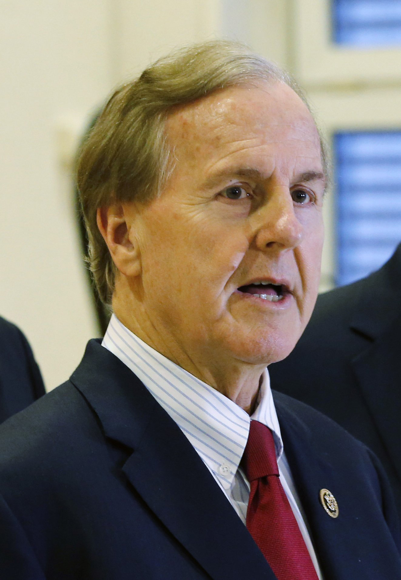 Robert Pittenger, the U.S. Rep. for the Charlotte area of North Carolina, speaks to the media at the Landstuhl Regional Medical Center in Landstuhl, Germany, Jan. 18, 2016.