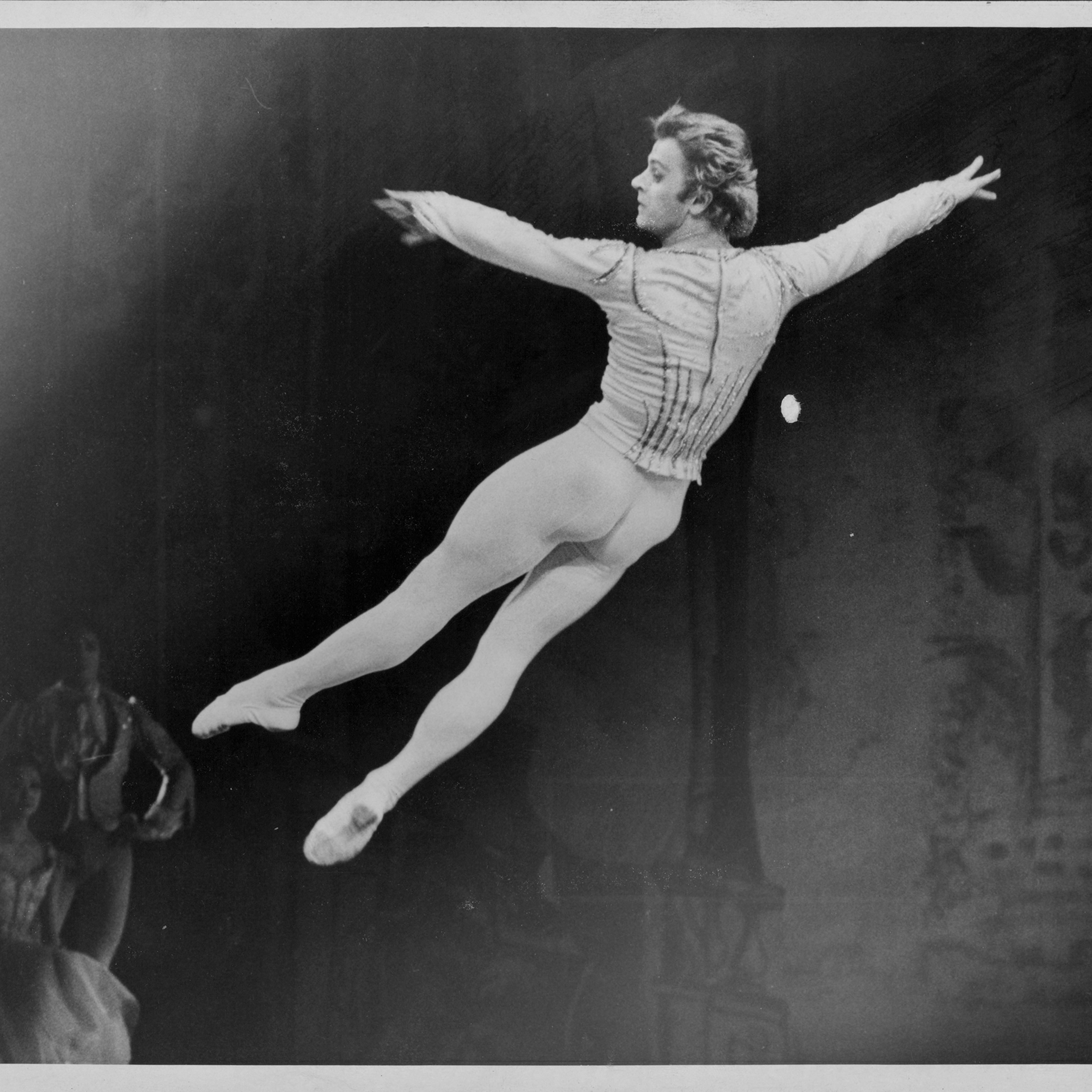 Mikhail Baryshnikov in the air during the premier of the Nutcracker at New York City's Metropolitan Opera House, May 1977