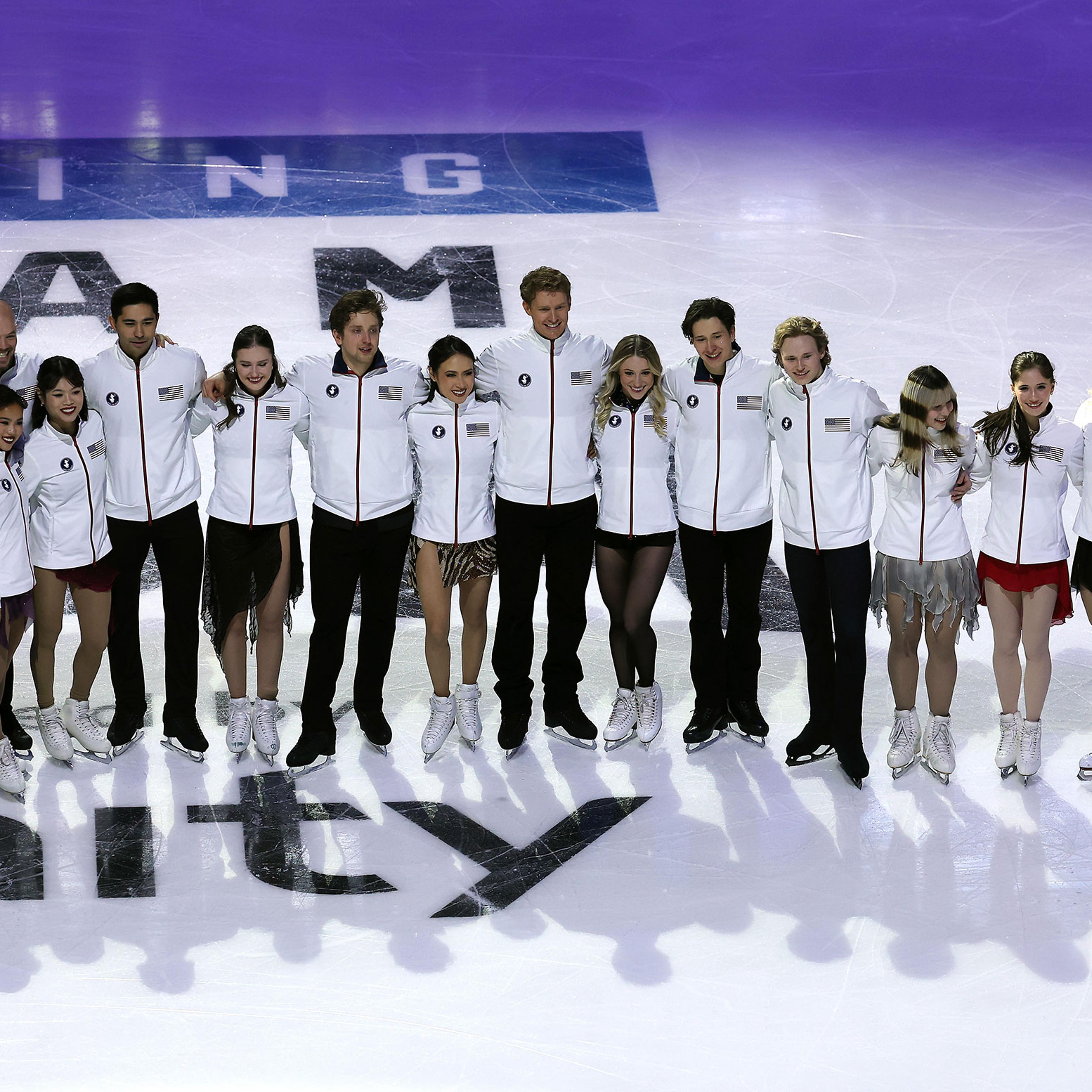 Members of the U.S. Olympic Team pose during a Making the Team event of the 2026 United States Figure Skating Championships on Jan. 11, 2026.