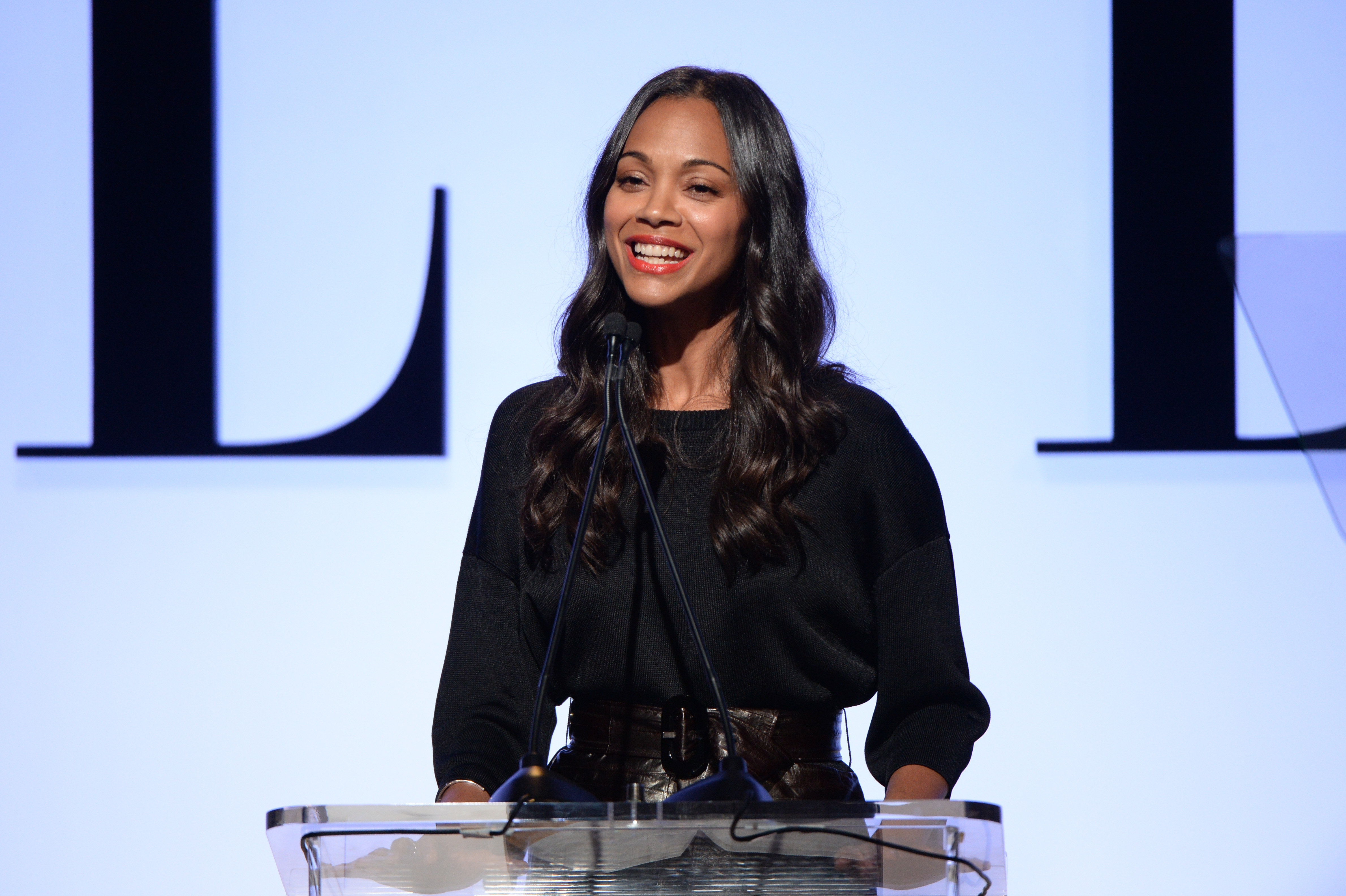 Actress Zoe Saldana speaks onstage during the 22nd Annual ELLE Women in Hollywood Awards presented by Calvin Klein Collection, L’Oréal Paris, and David Yurman at the Four Seasons Los Angeles at Beverly Hills on October 19, 2015 in Beverly Hills, Californ
