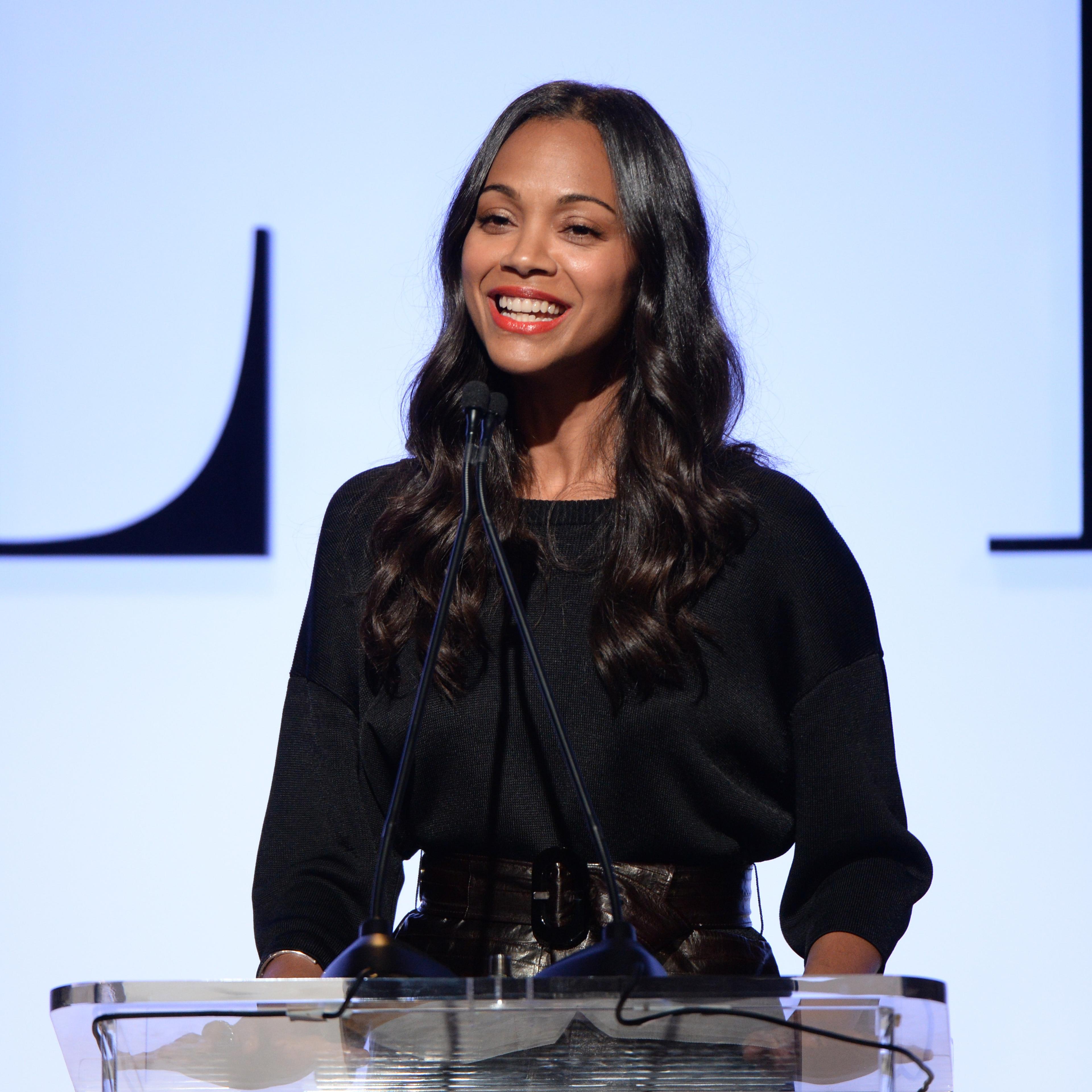 Actress Zoe Saldana speaks onstage during the 22nd Annual ELLE Women in Hollywood Awards presented by Calvin Klein Collection, L’Oréal Paris, and David Yurman at the Four Seasons Los Angeles at Beverly Hills on October 19, 2015 in Beverly Hills, Californ