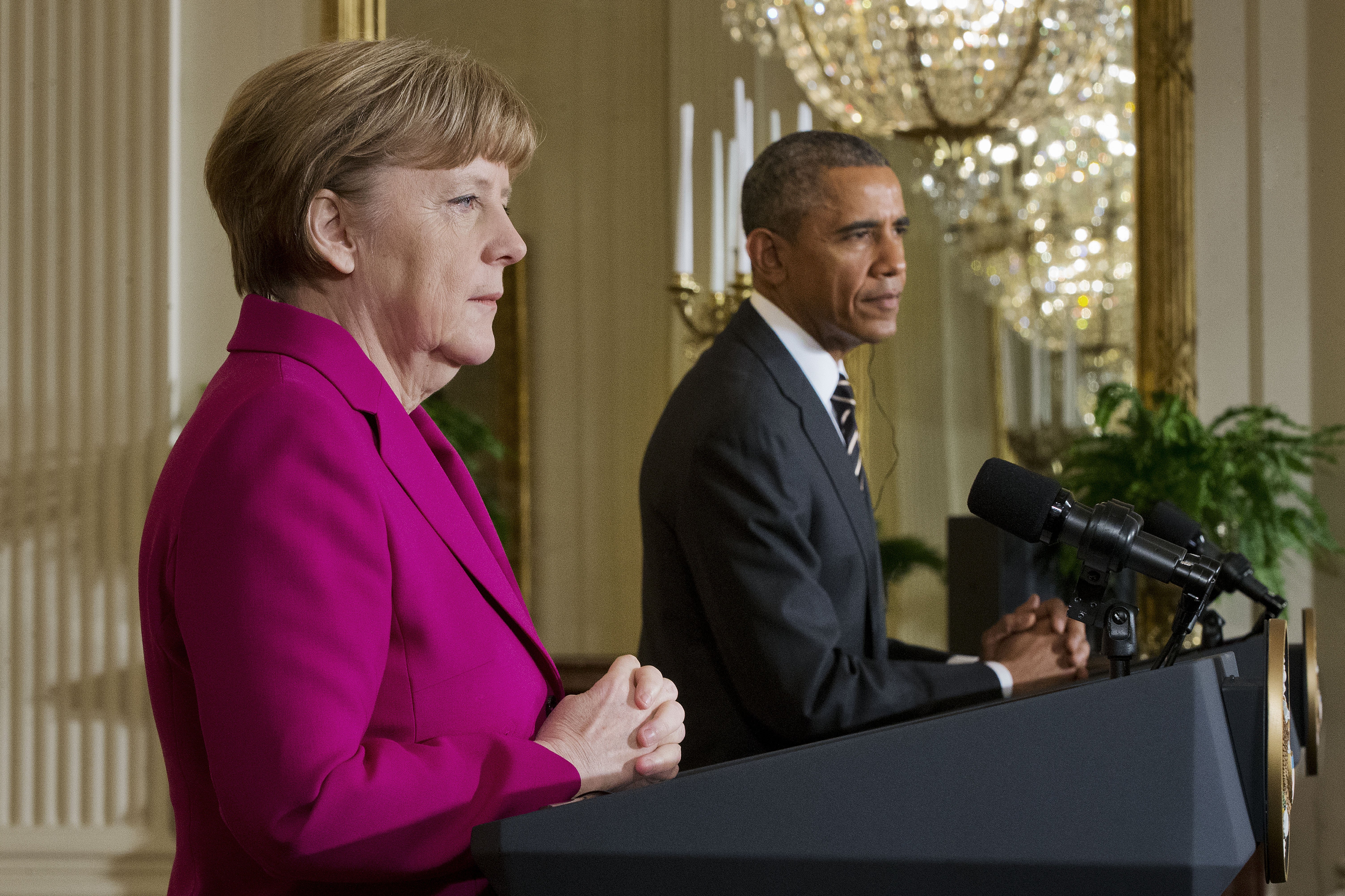 President Barack Obama and German Chancellor Angela Merkel during their joint news conference in the East Room of the White House in Washington on Feb. 9, 2015.