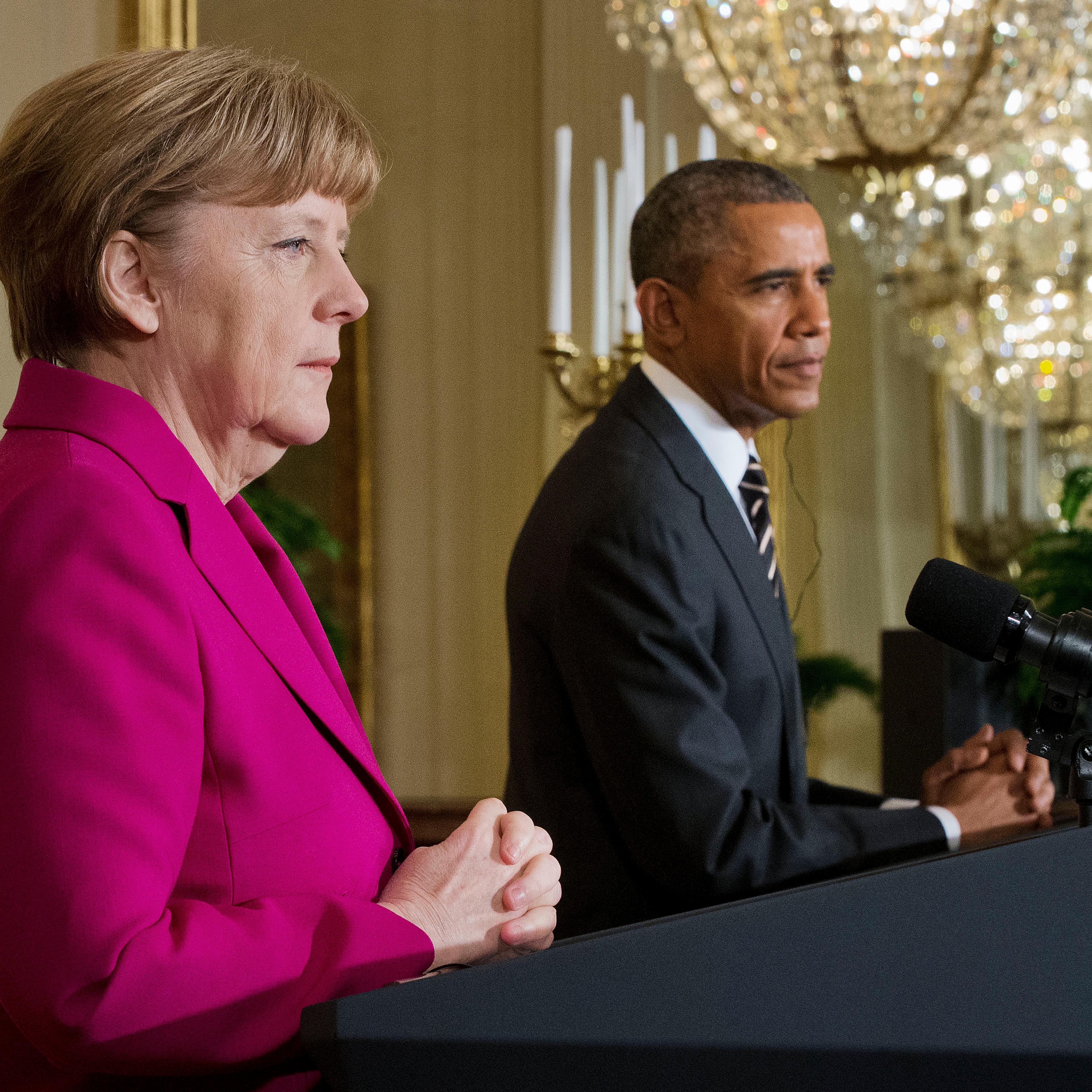 President Barack Obama and German Chancellor Angela Merkel during their joint news conference in the East Room of the White House in Washington on Feb. 9, 2015.