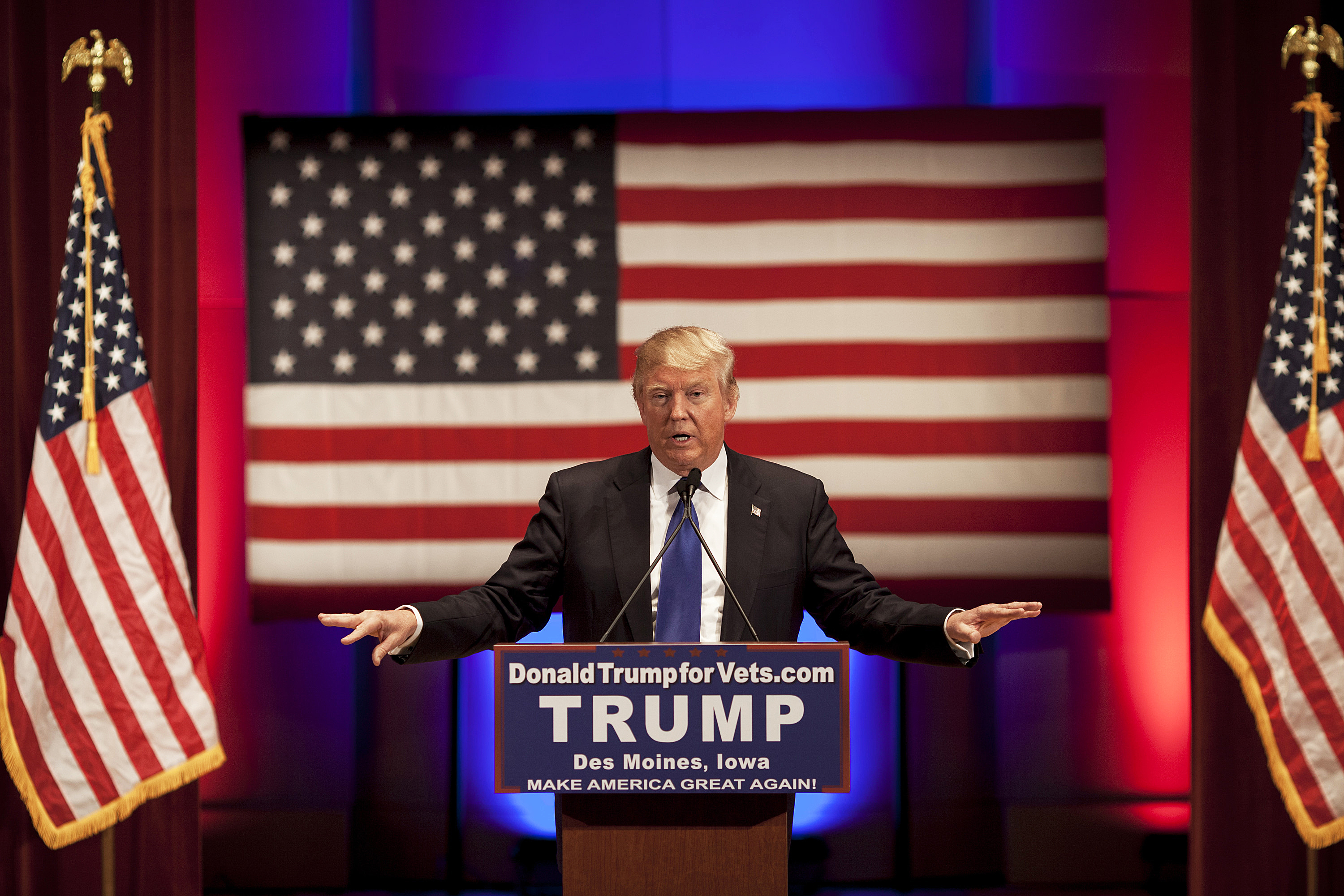 Donald Trump speaks at a rally for veterans in Des Moines, Iowa on Jan. 28, 2016.