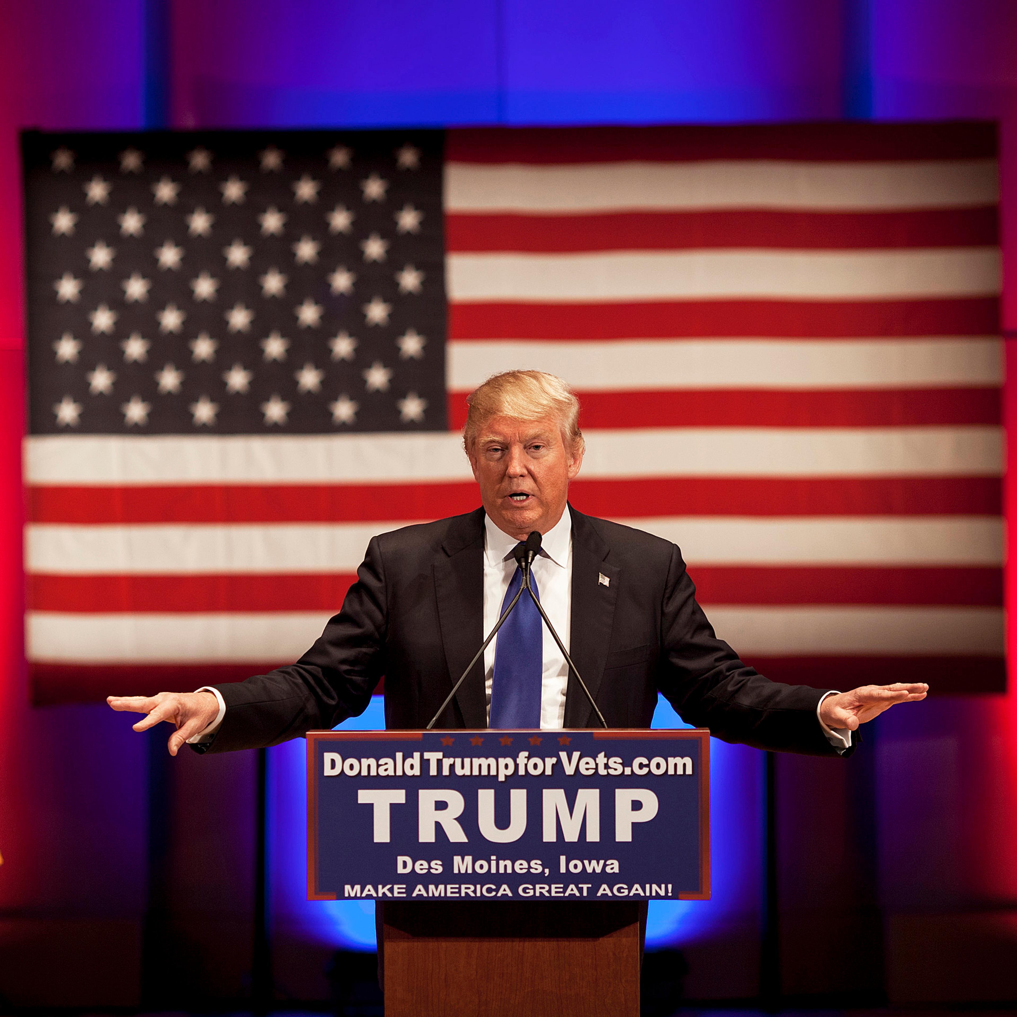 Donald Trump speaks at a rally for veterans in Des Moines, Iowa on Jan. 28, 2016.