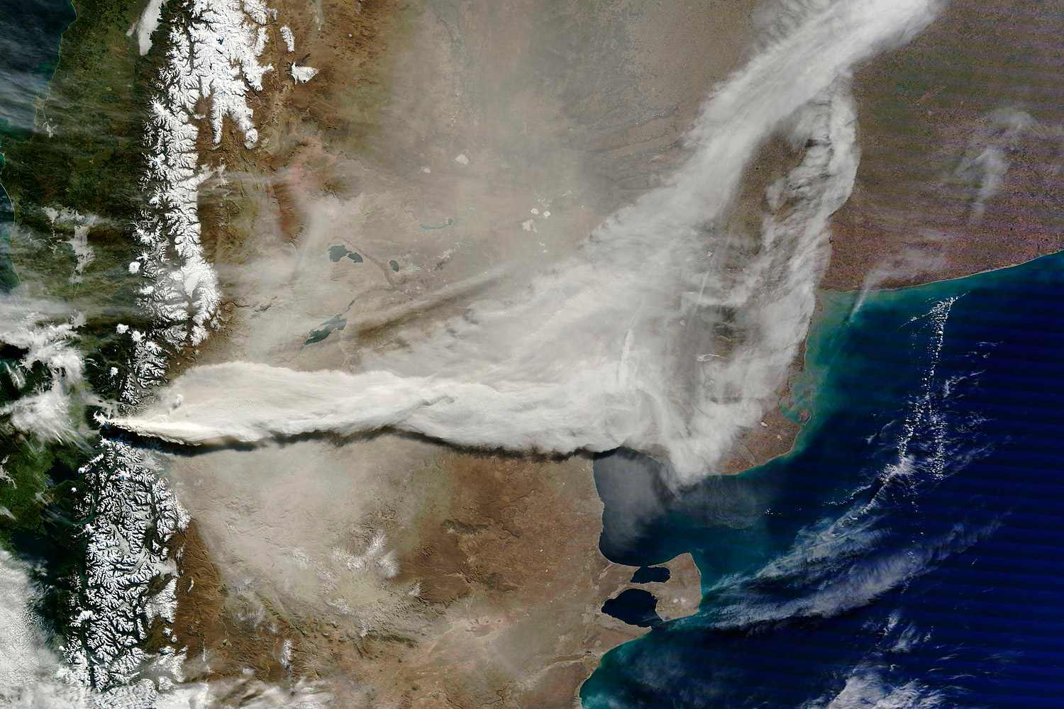 A satellite image of the ash plume from the eruption of  a volcano in Chile's Puyehue-Cordon Caulle chain, June 13, 2011.
