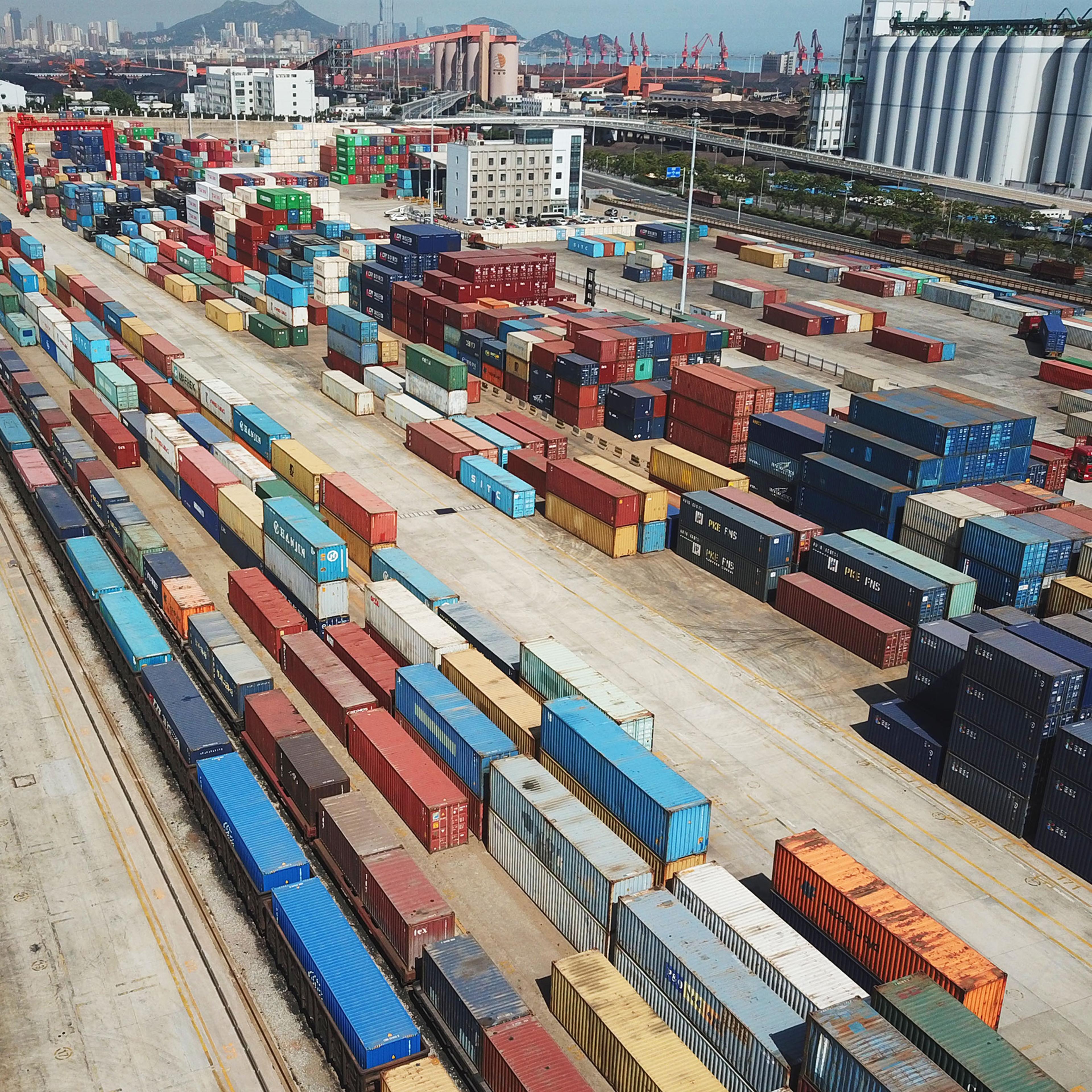 Shipping containers at the China-Kazakhstan logistics terminal on May 31, 2018 in Lianyungang, Jiangsu Province of China.