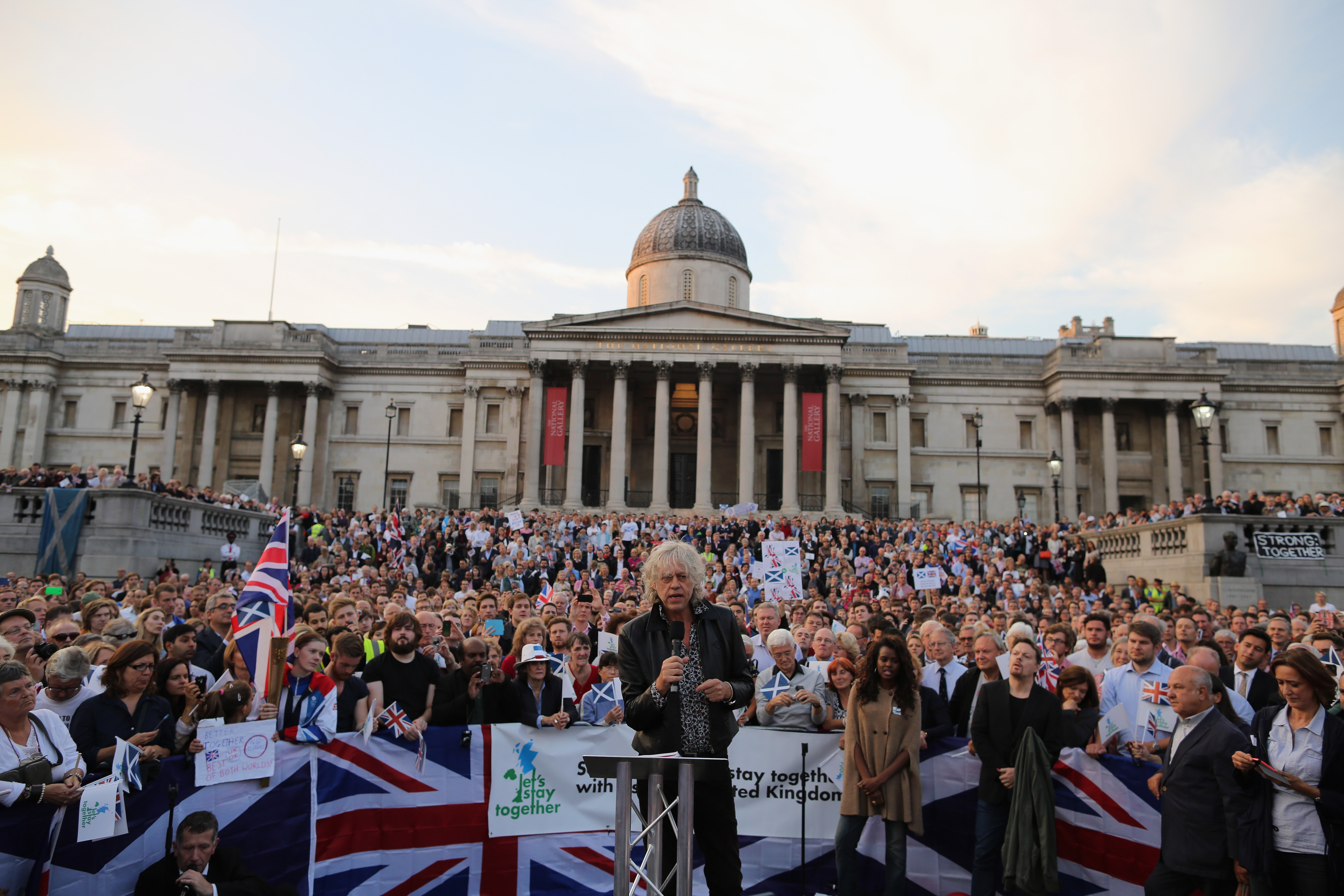 Sir Bob Geldof speaks to members of the public and supporters of the 'Better Together' campaign from a raised stage in Trafalgar Square on September 15, 2014 in London.