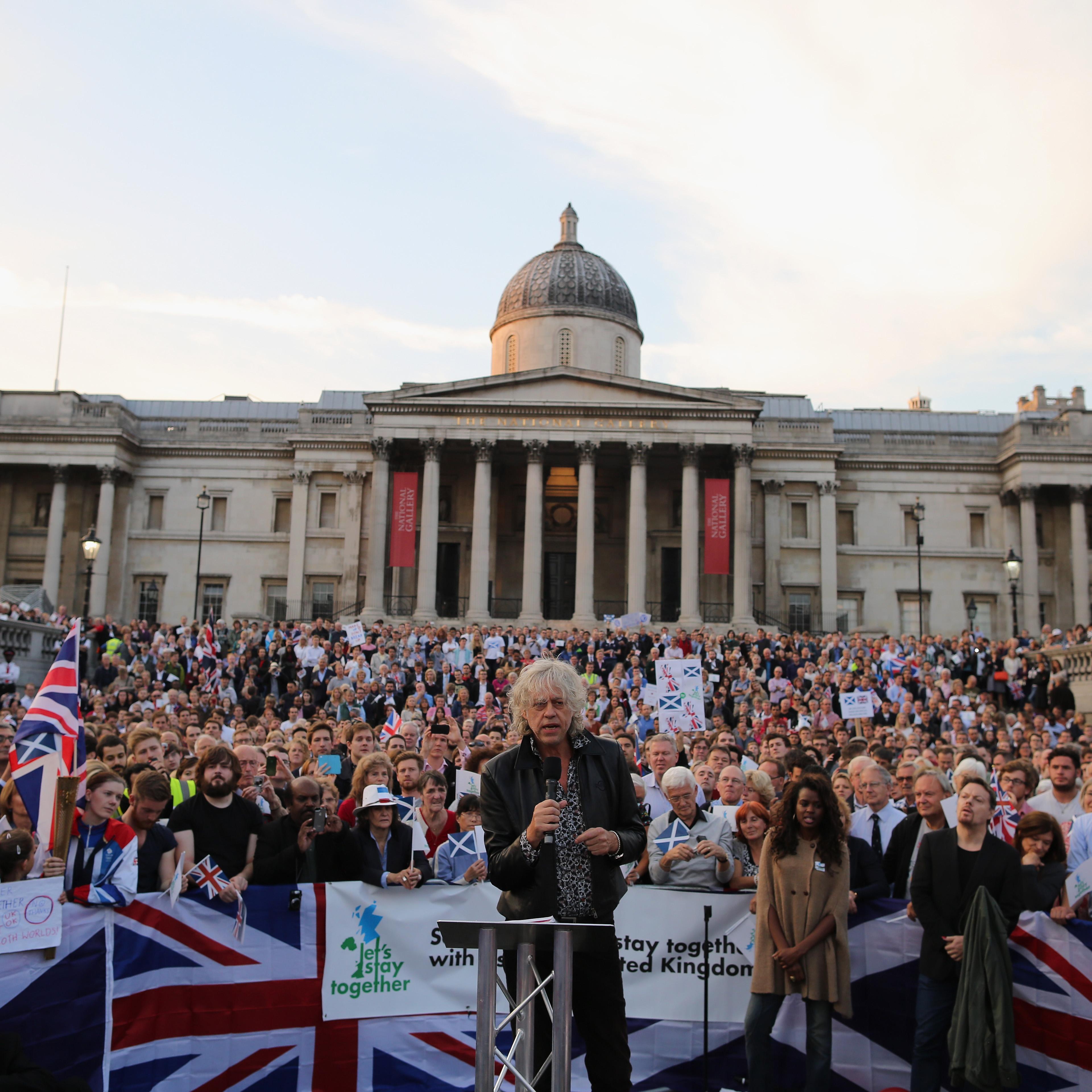 Sir Bob Geldof speaks to members of the public and supporters of the 'Better Together' campaign from a raised stage in Trafalgar Square on September 15, 2014 in London.