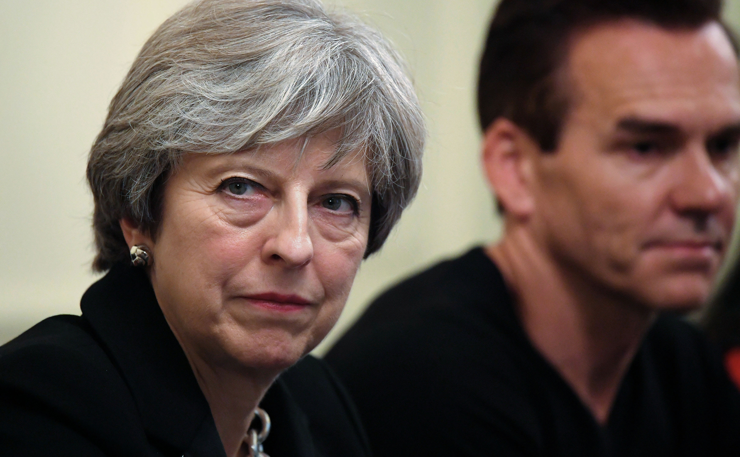 BRITAIN-POLITICS-Britain's Prime Minister Theresa May gestures during an industry roundtable