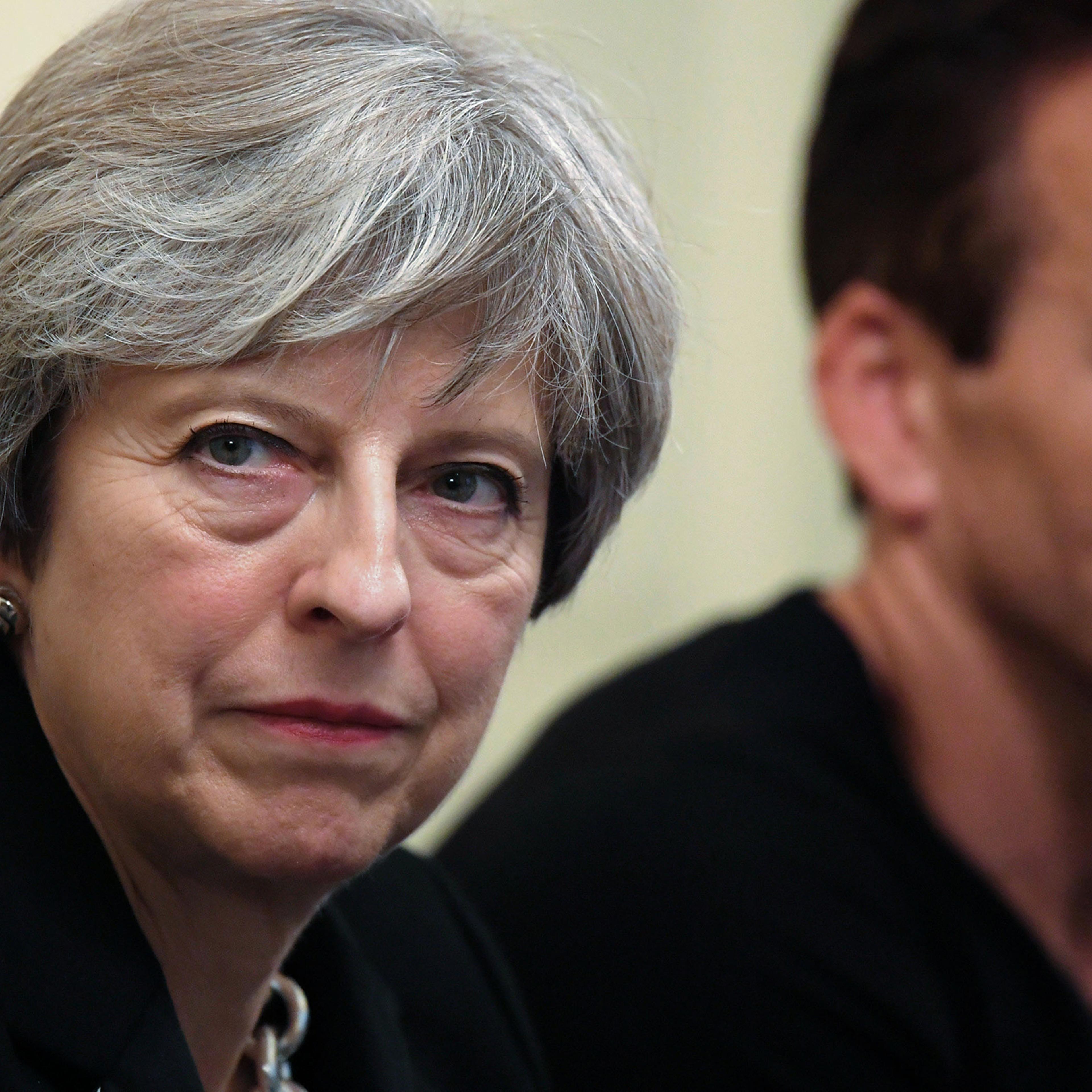 BRITAIN-POLITICS-Britain's Prime Minister Theresa May gestures during an industry roundtable