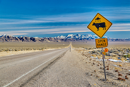 Humorous road sign beside the ET Highway on the road to the town of Racheal,Nevada,USA