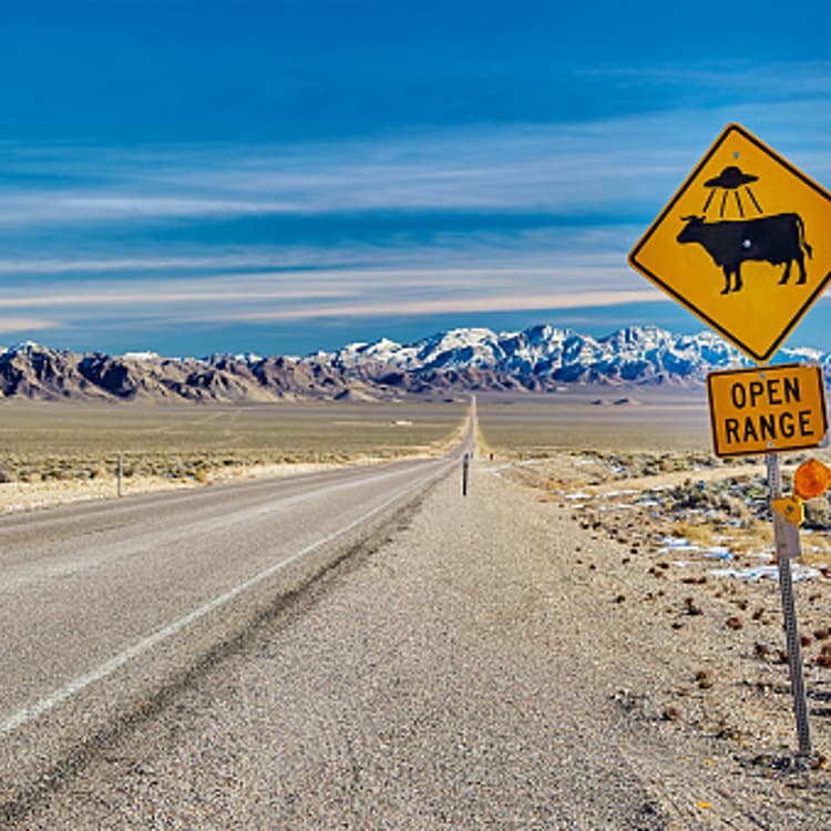 Humorous road sign beside the ET Highway on the road to the town of Racheal,Nevada,USA