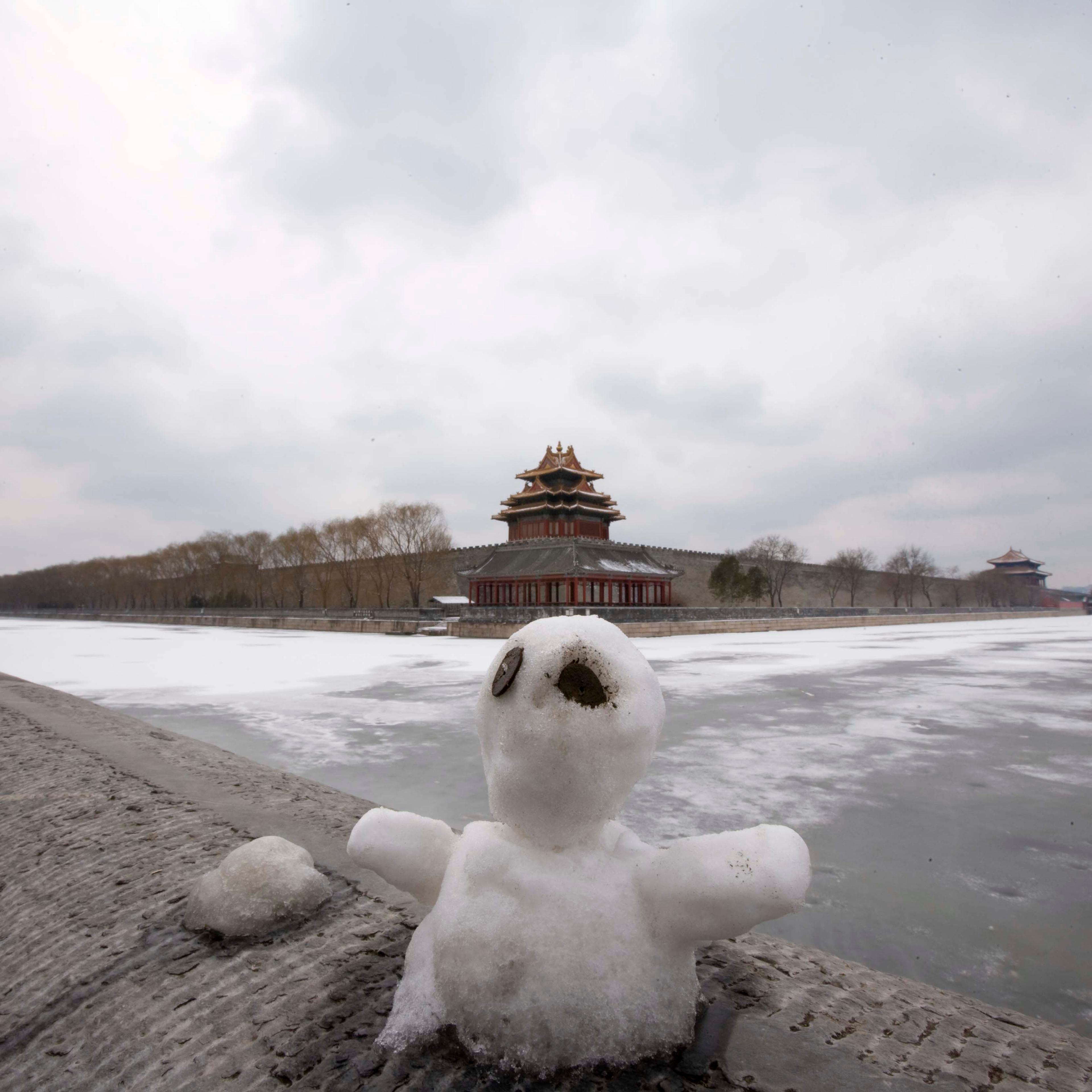 A general view shows a snowman in front
