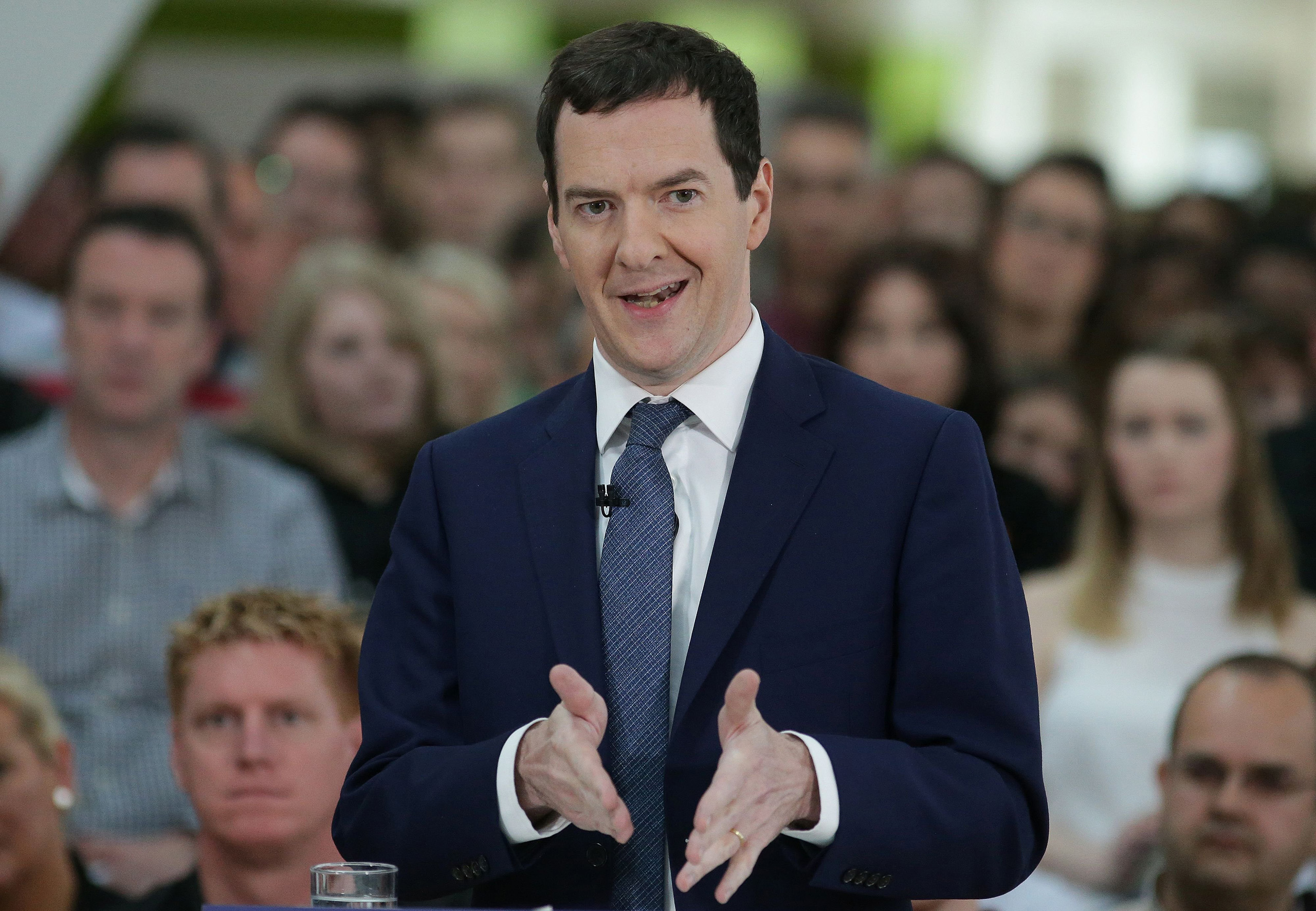 British Chancellor of the Exchequer George Osborne gestures as he delivers a speech on the economic impact of the U.K. leaving the European Union at a B&Q Store Support Office in Chandler's Ford, southern England, May 23, 2016.