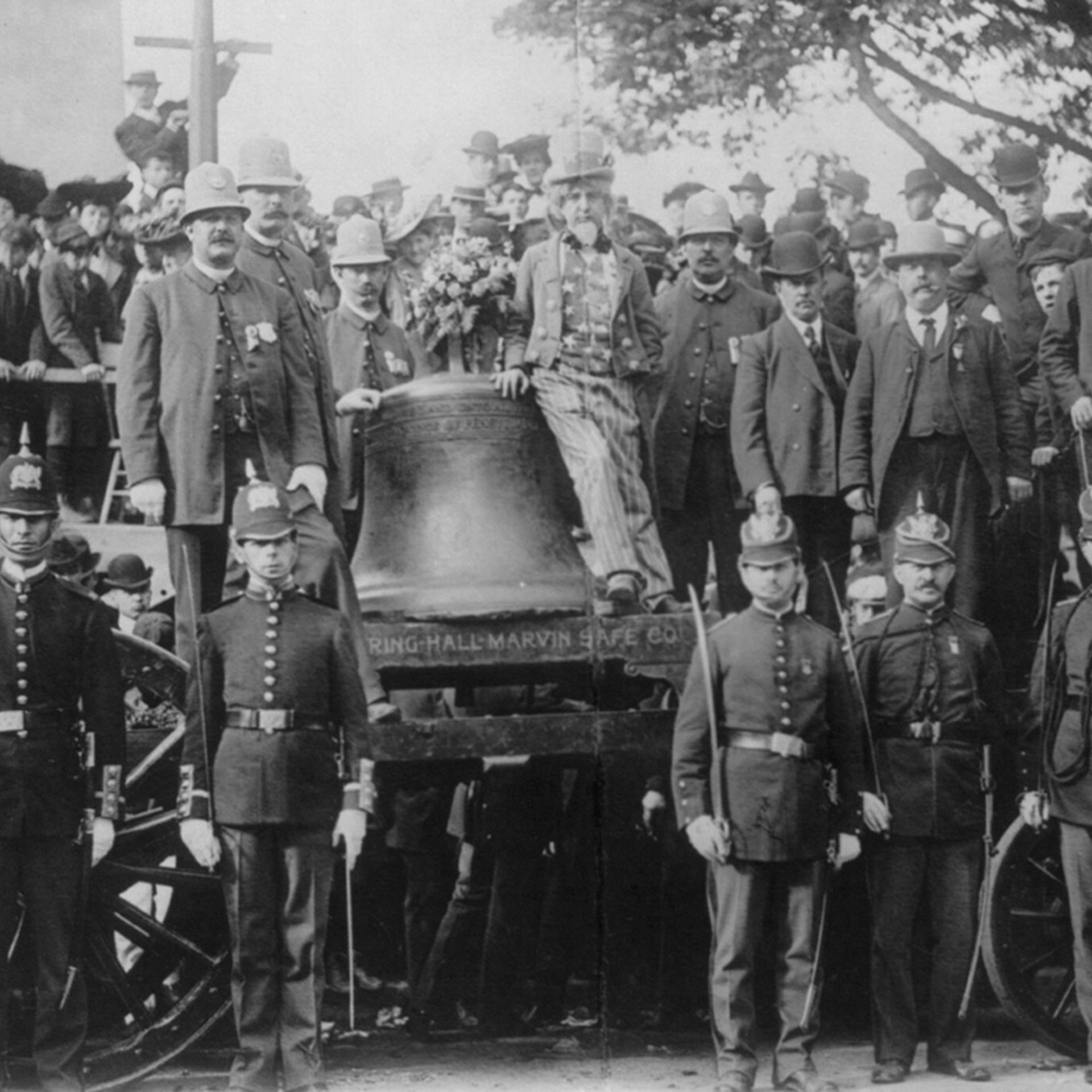 Boston Police watch over the Liberty Bell that has arrived by Train
