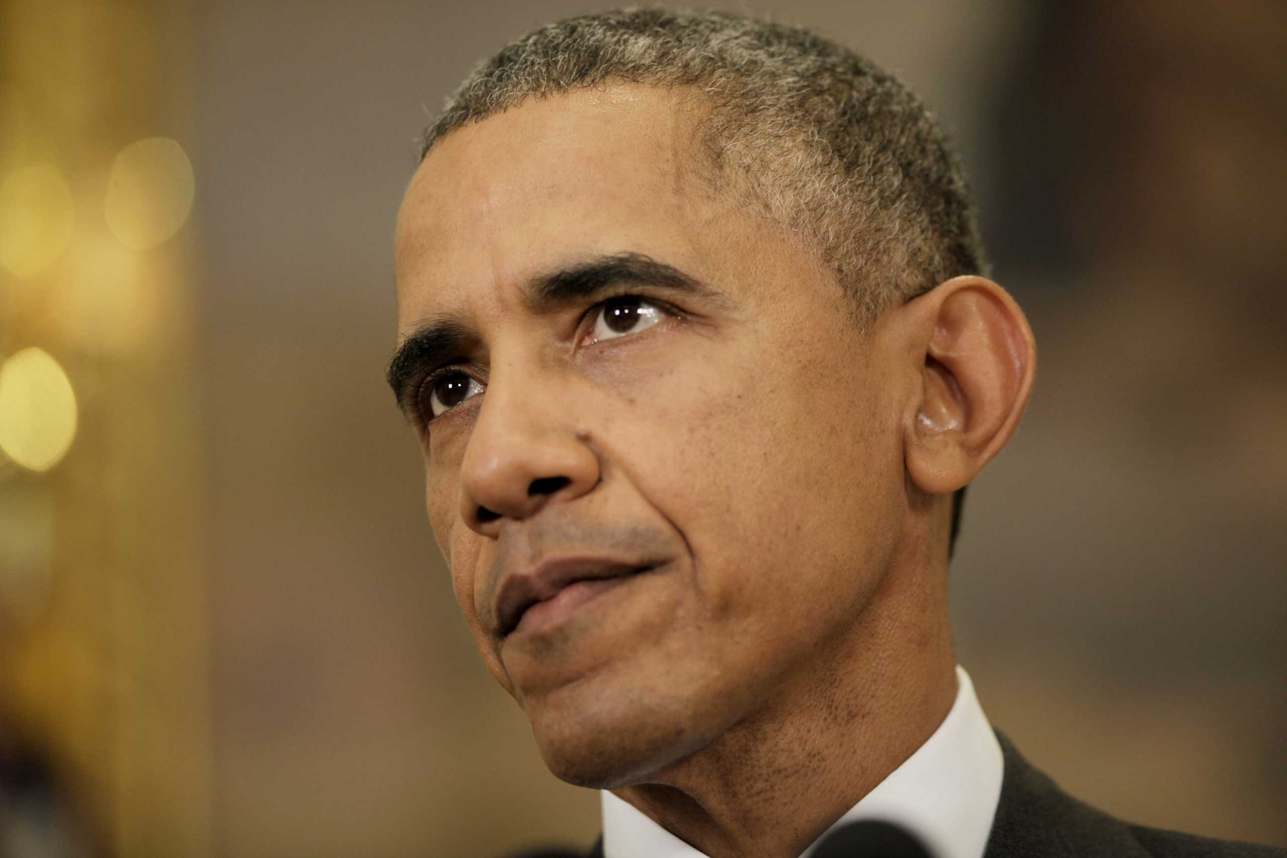 President Obama delivers a statement in the Roosevelt Room of the White House, in Washington, DC on Feb. 11, 2015.
