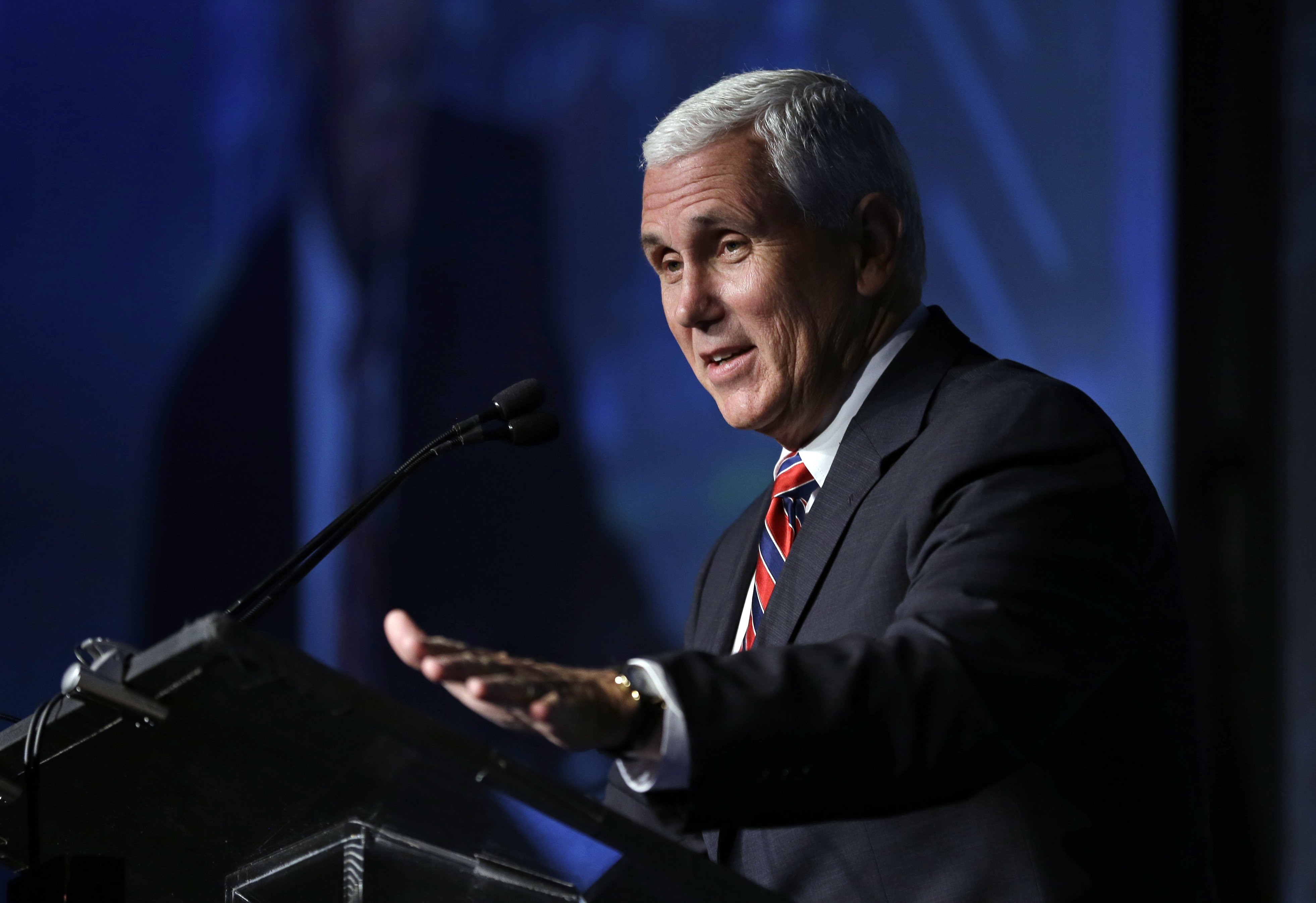 Republican vice presidential candidate, Indiana Gov. Mike Pence speaks at the American Legislative Exchange Council annual meeting in Indianapolis, July 29, 2016.