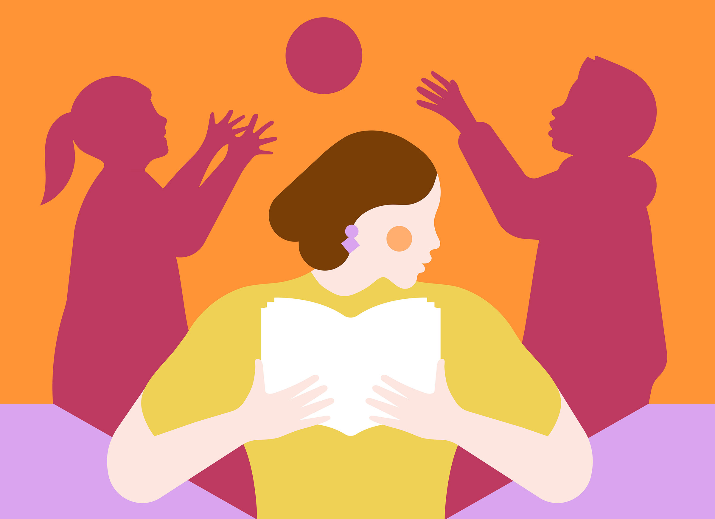 An illustration of a woman reading a book and children tossing a ball in silhouette behind her