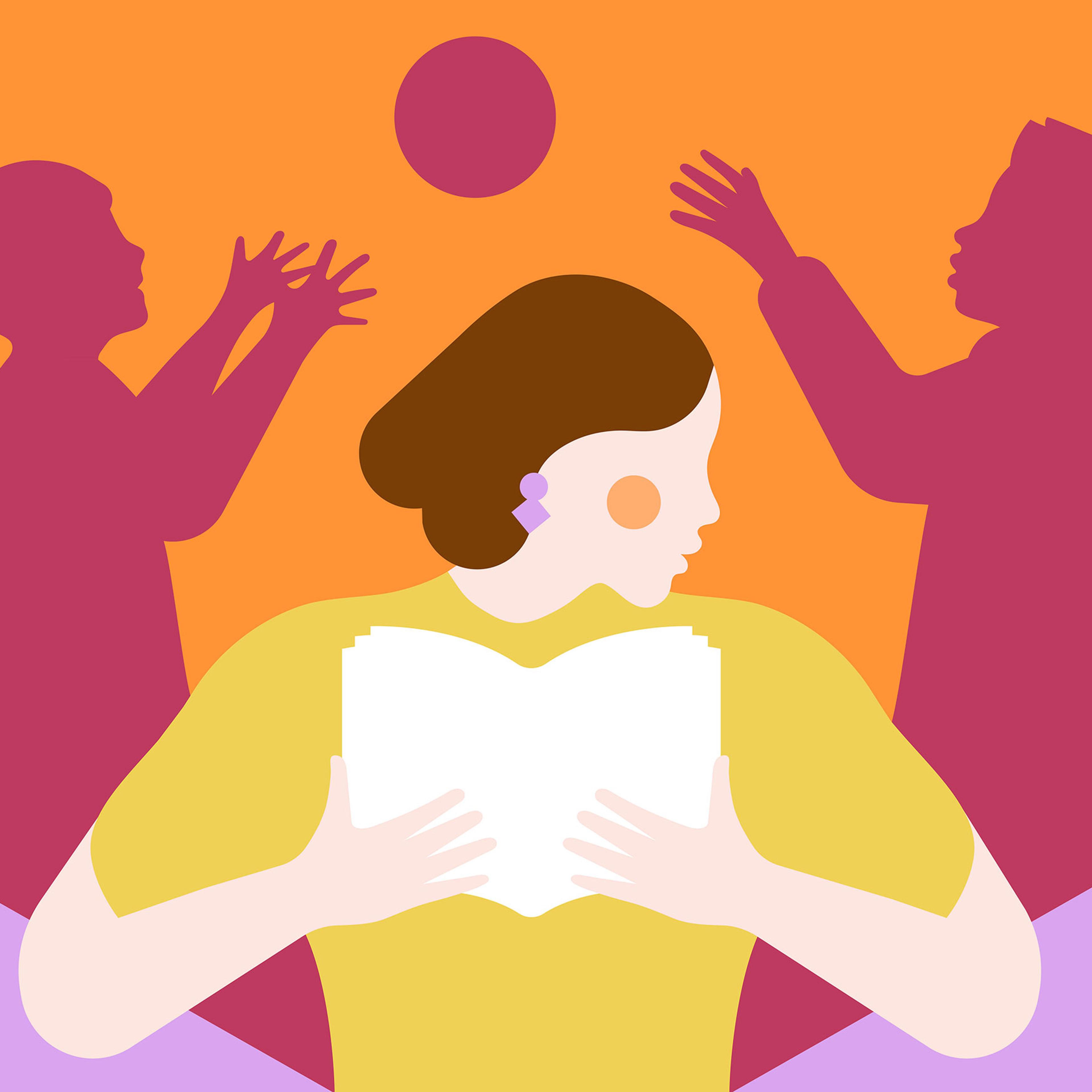 An illustration of a woman reading a book and children tossing a ball in silhouette behind her