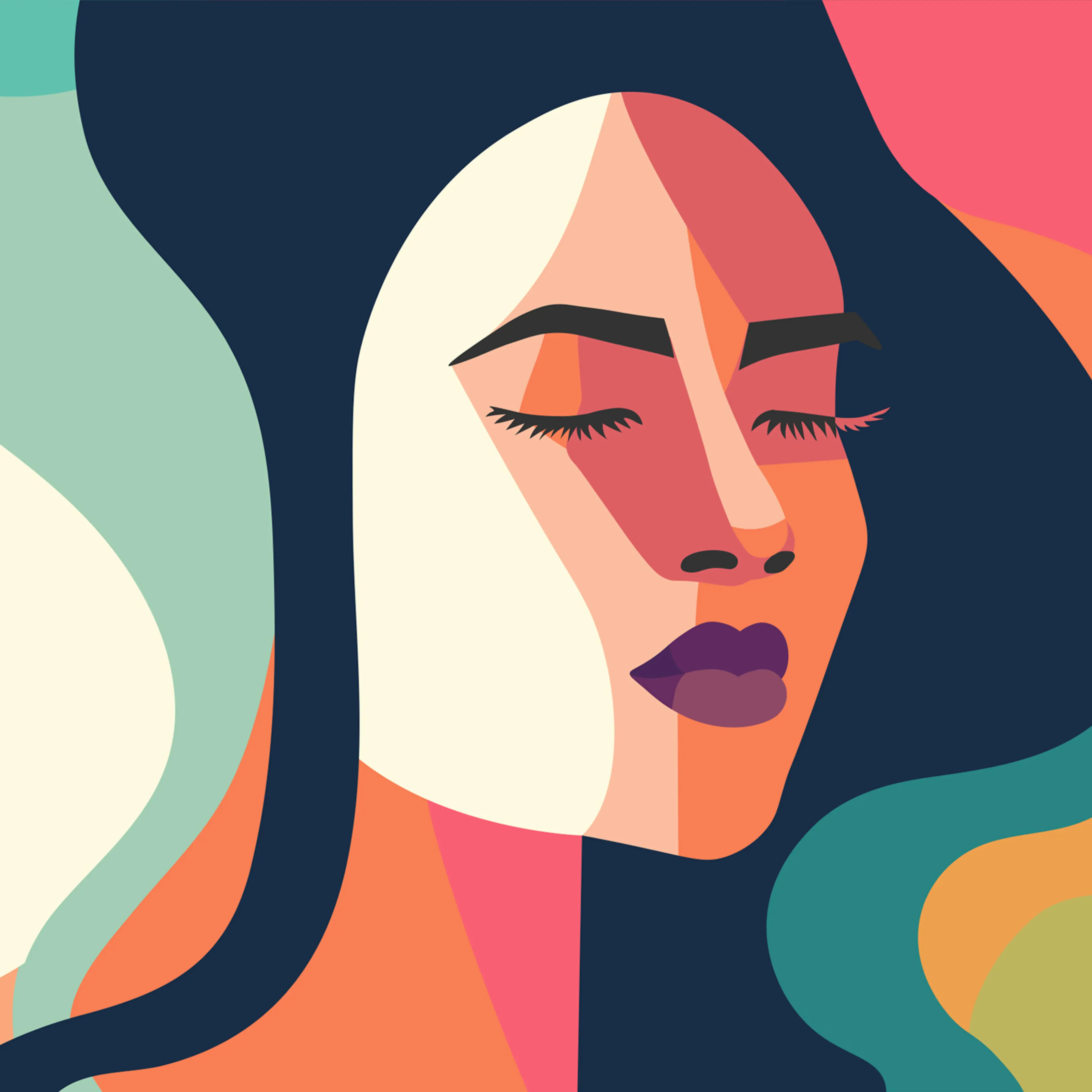 Abstract woman face collage in modern vector art design. Feminine abstraction poster in colorful pallette. Creative geometric female pattern in cubism style.
