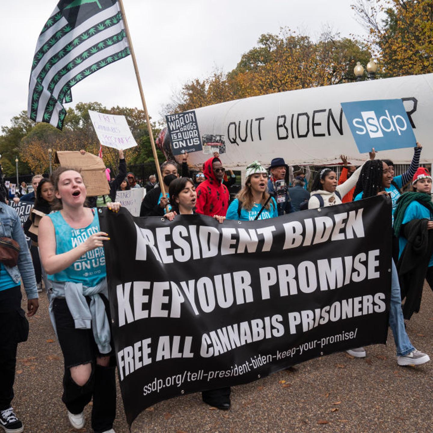Protesters gather in front of the White House to demand the release of all people incarcerated for cannabis-related offenses.