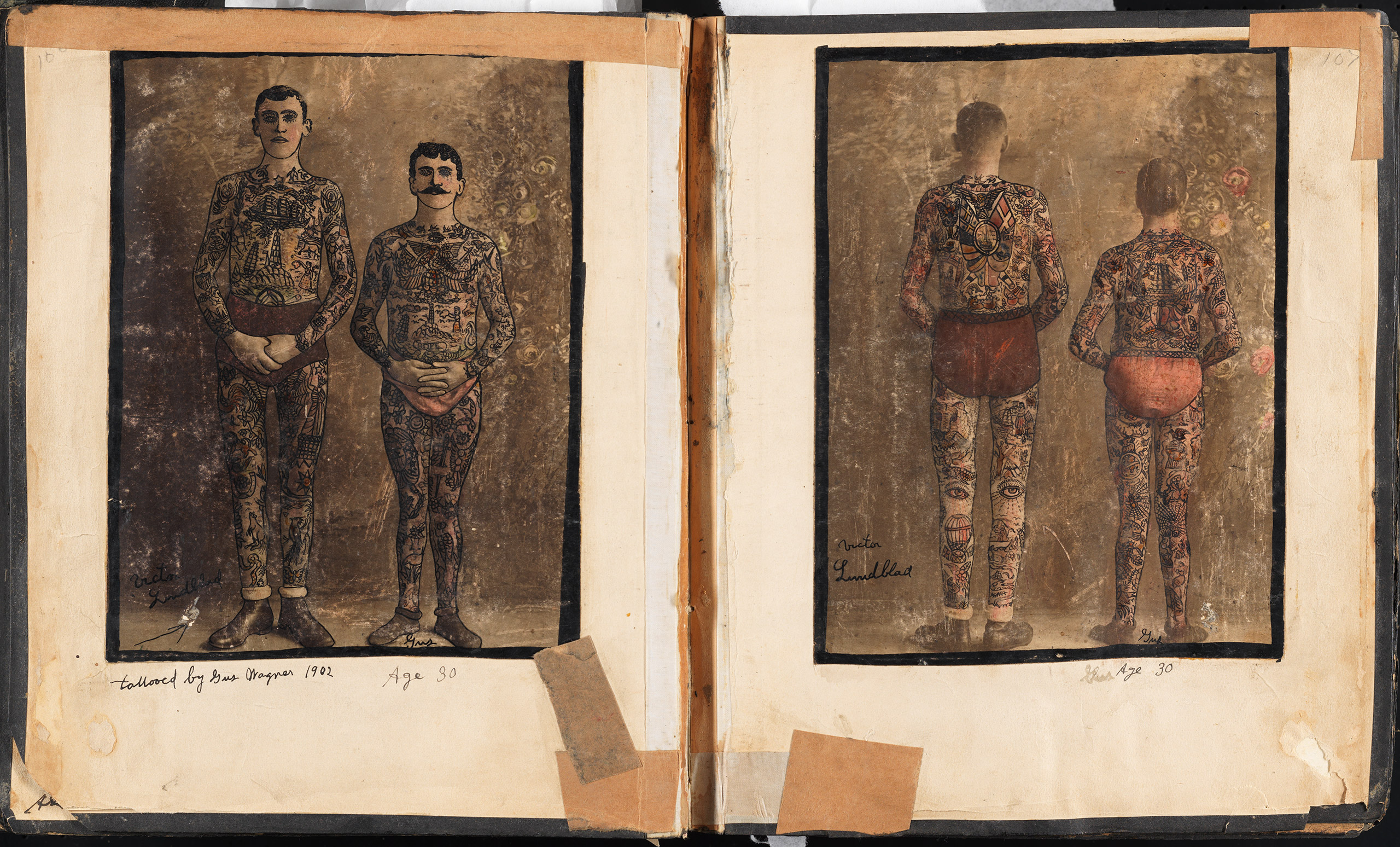 Page from “Souvenirs of the Travels and Experiences of the Original Gus Wagner Globe Trotter & Tattoo Artist” scrapbook, ca. 1897-1941.