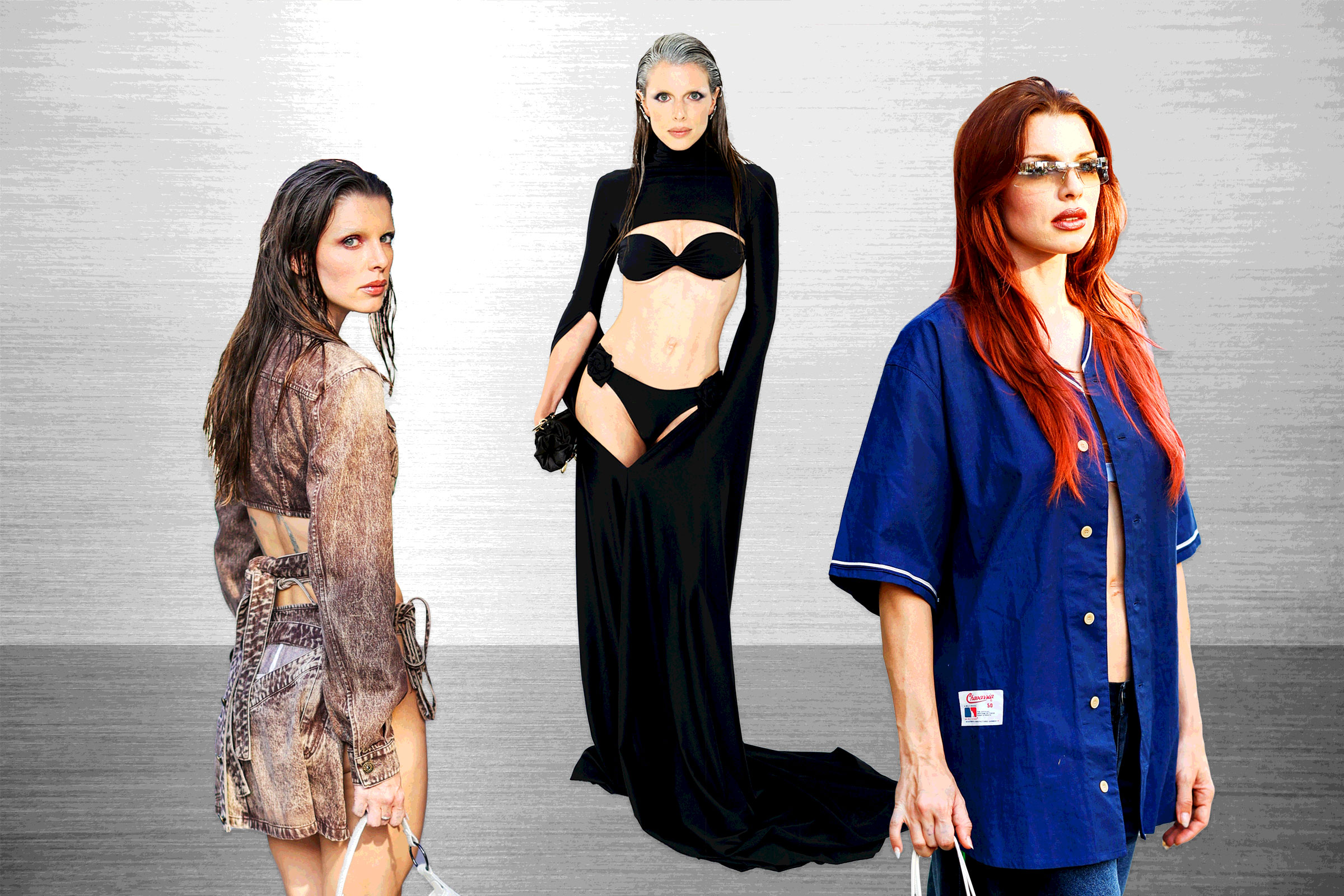 A collage of images of Julia Fox in different outfits on top of a gray metallic background