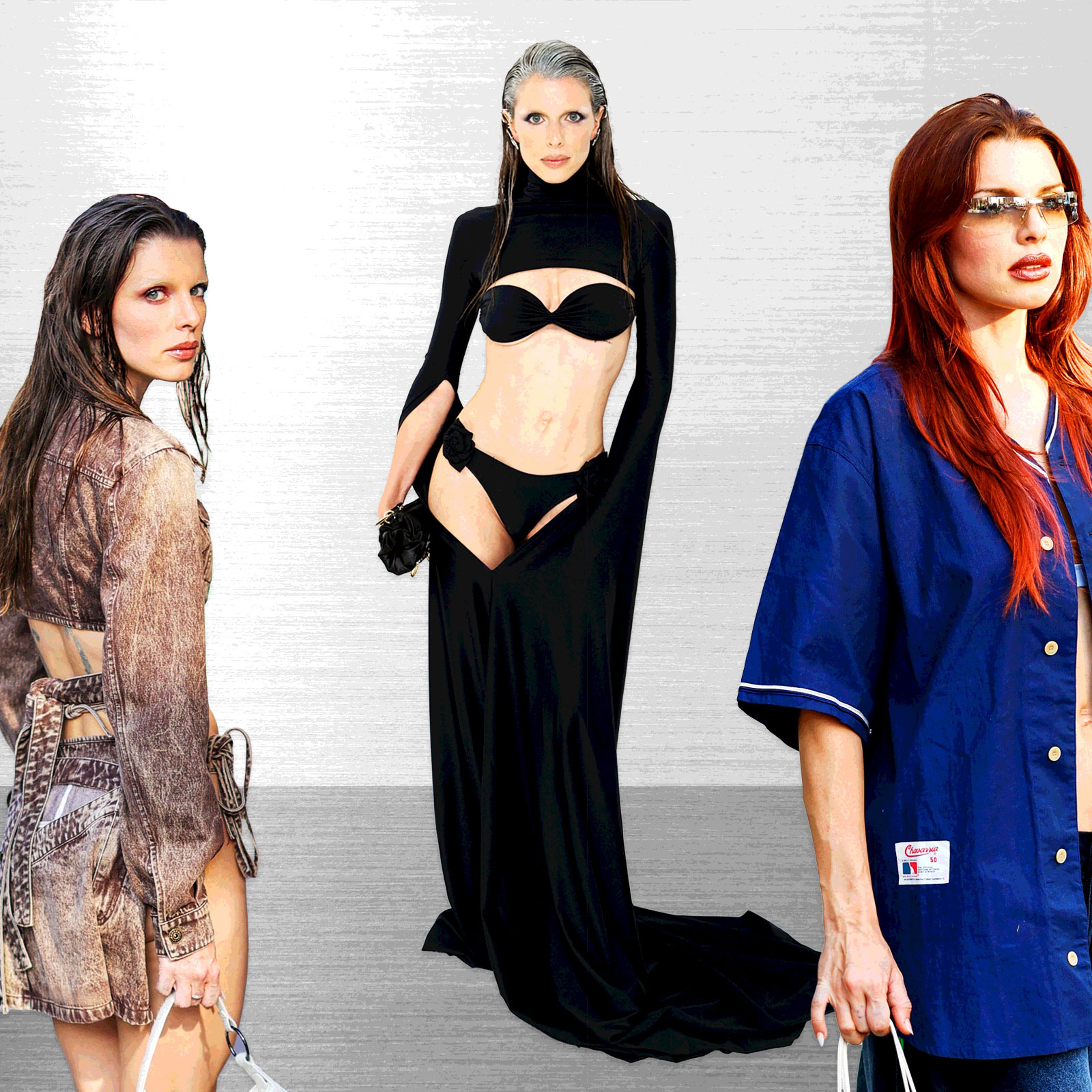 A collage of images of Julia Fox in different outfits on top of a gray metallic background