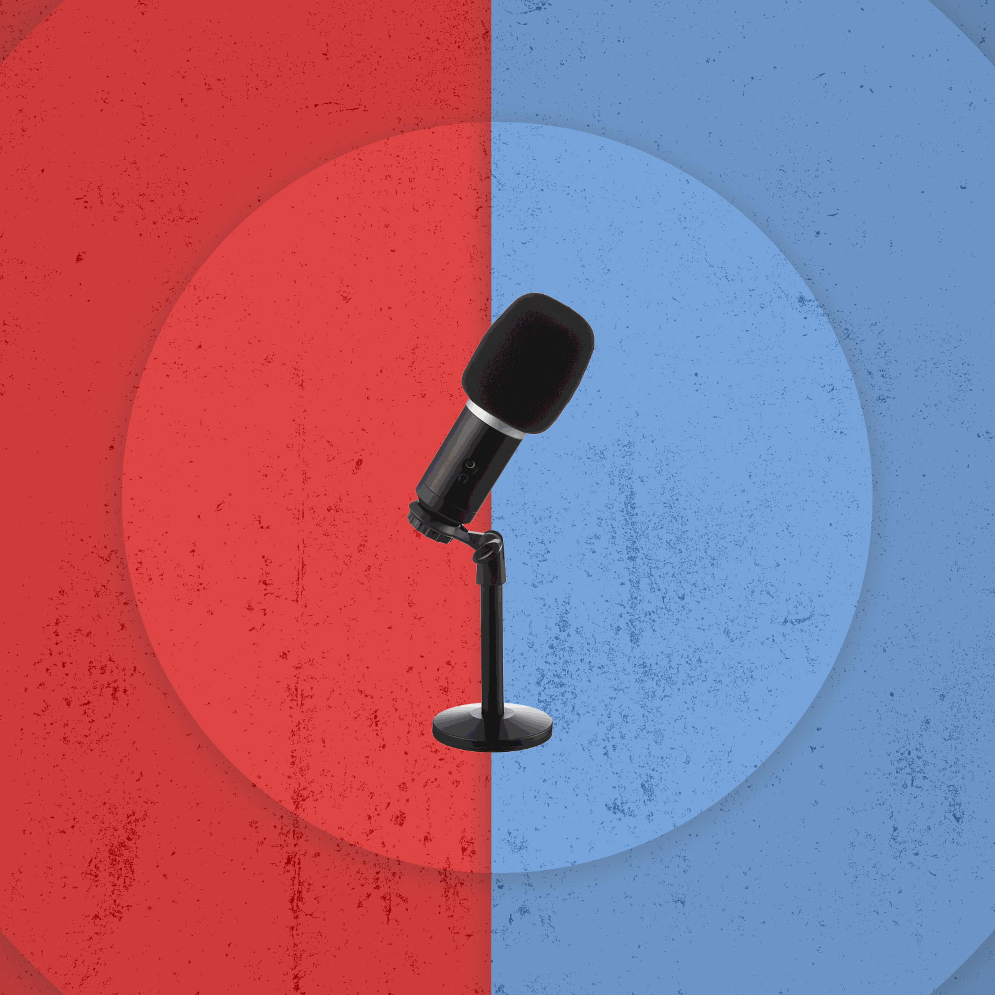 A podcast microphone surrounded by blue and red circles