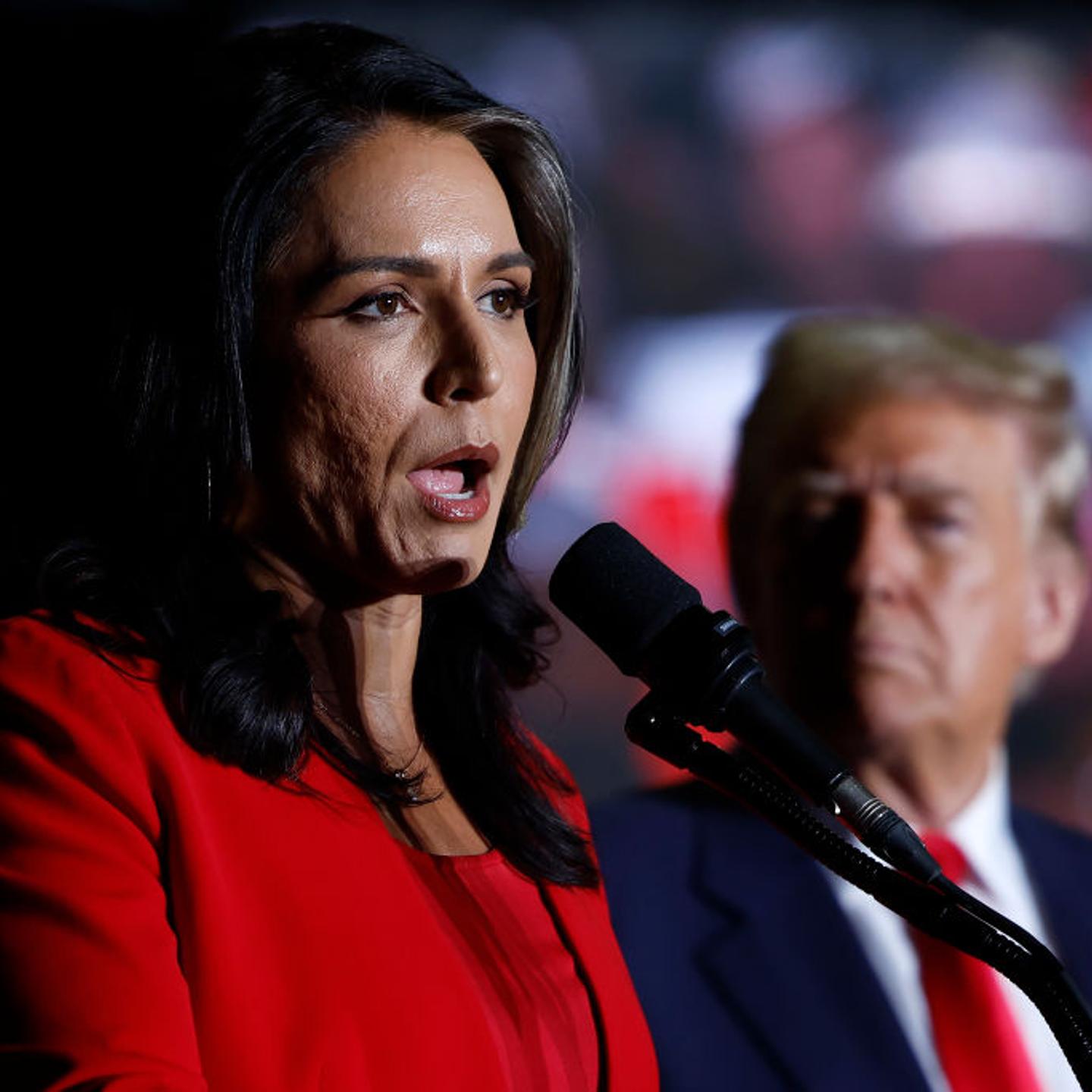 Former U.S. Representative from Hawaii Tulsi Gabbard speaks as Republican party as Republican presidential nominee, former U.S. President Donald Trump listens at a campaign rally at the Greensboro Coliseum in Greensboro, N.C. on Oct. 22, 2024.