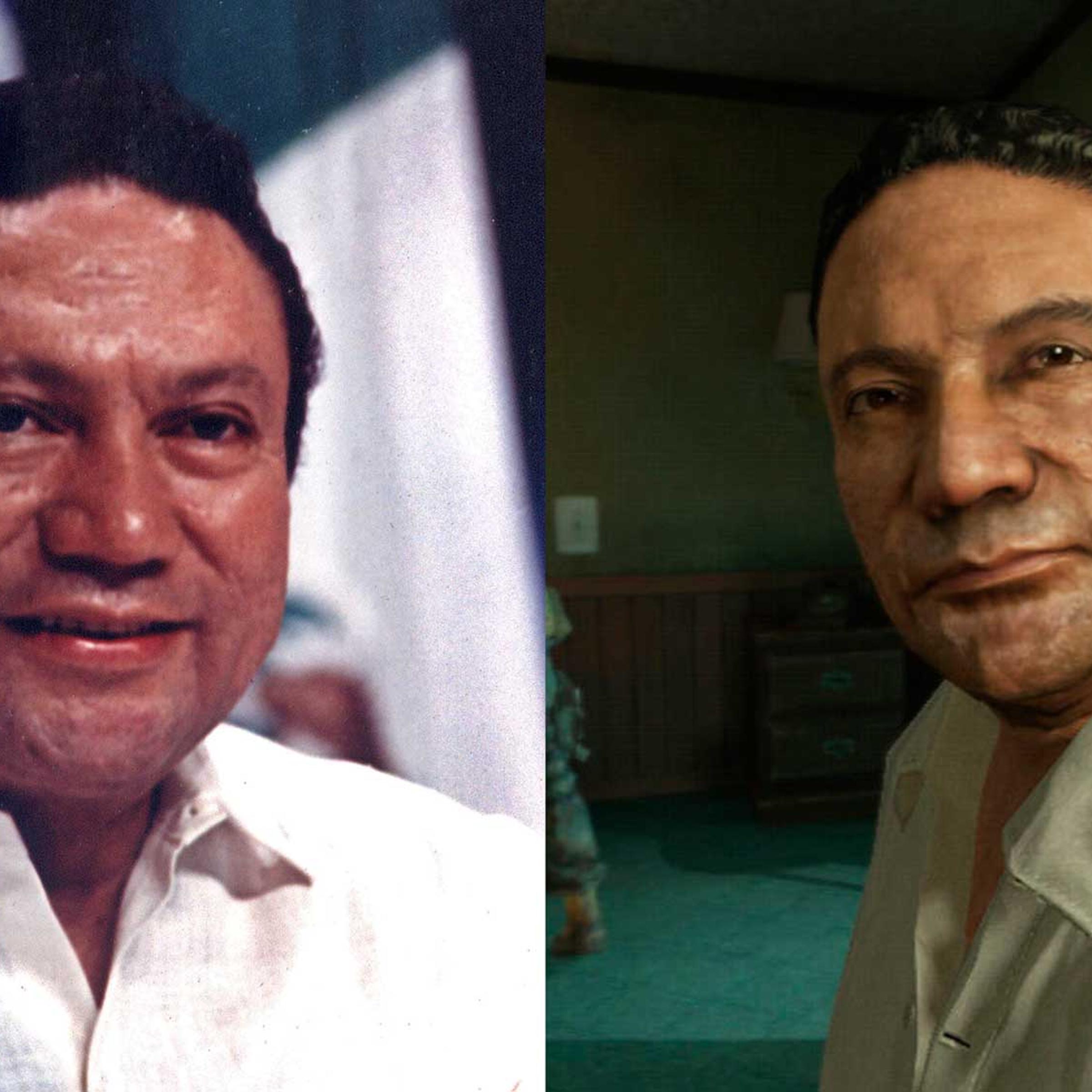 (L) Panamanian strongman Manuel Antonio Noriega takes part in a news conference at the Atlapa center in Panama City on Oct. 11,1998.(R) The character Noriega claims was created in his likeness.