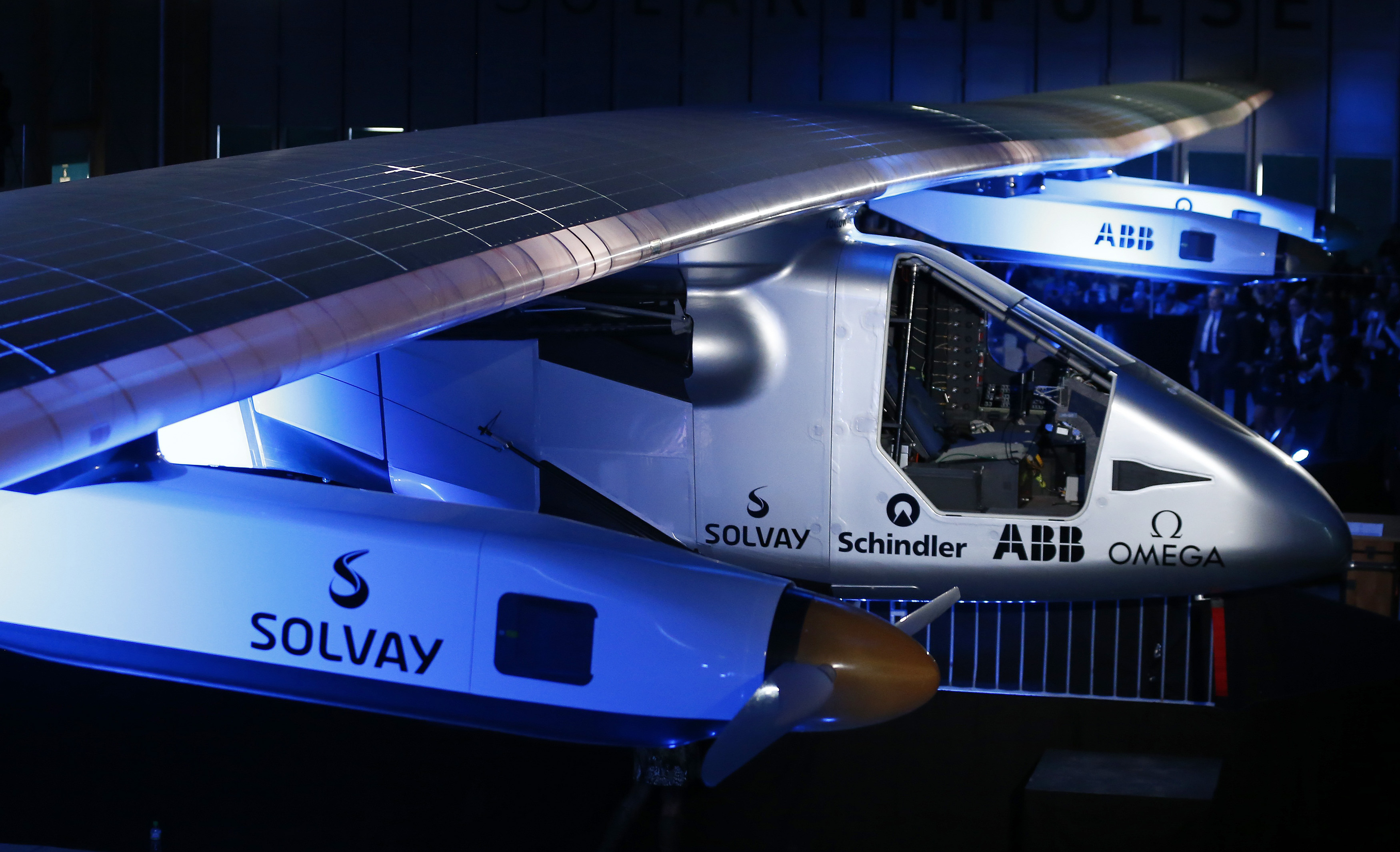 The unveiled Solar Impulse II aircraft is seen at their base in Payerne