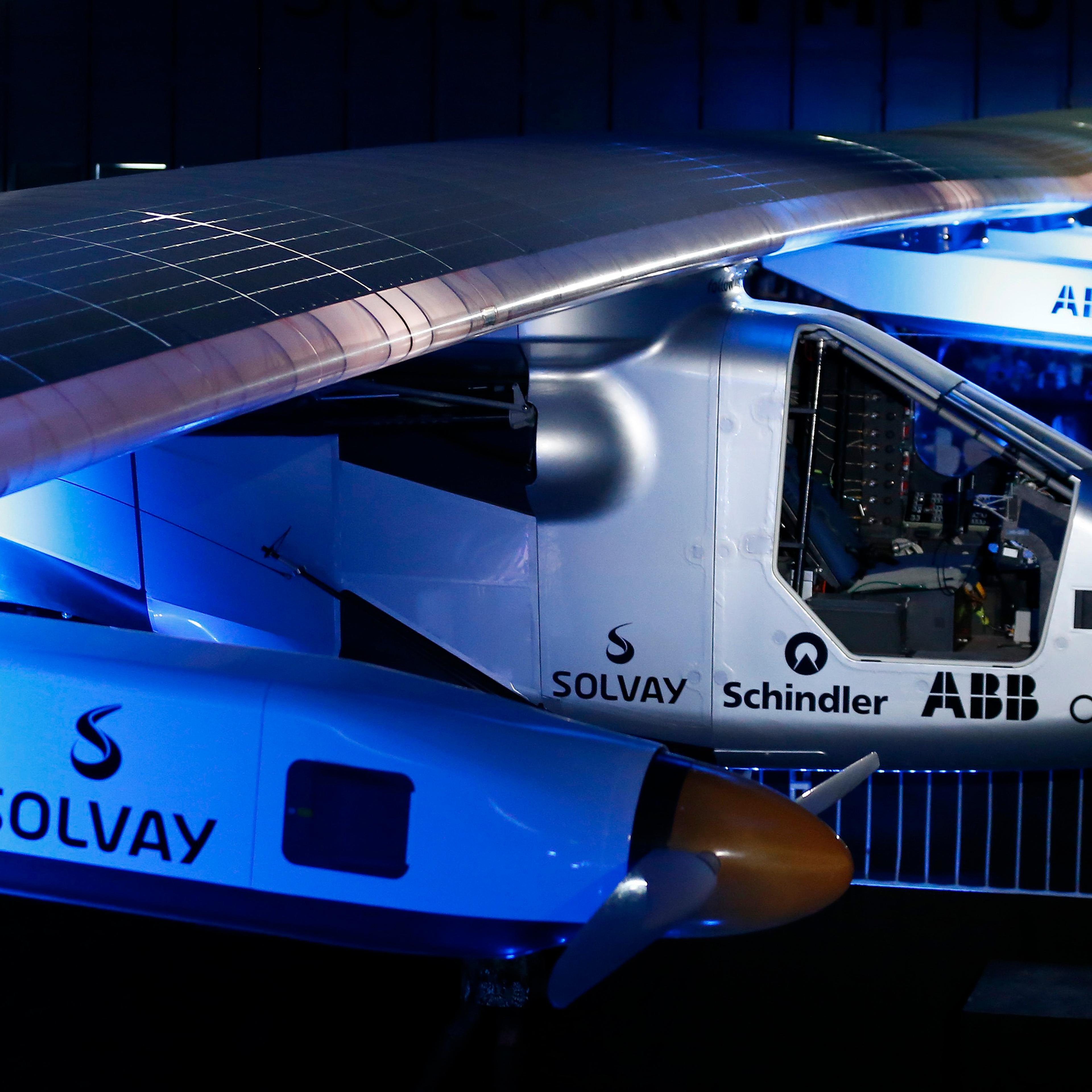 The unveiled Solar Impulse II aircraft is seen at their base in Payerne
