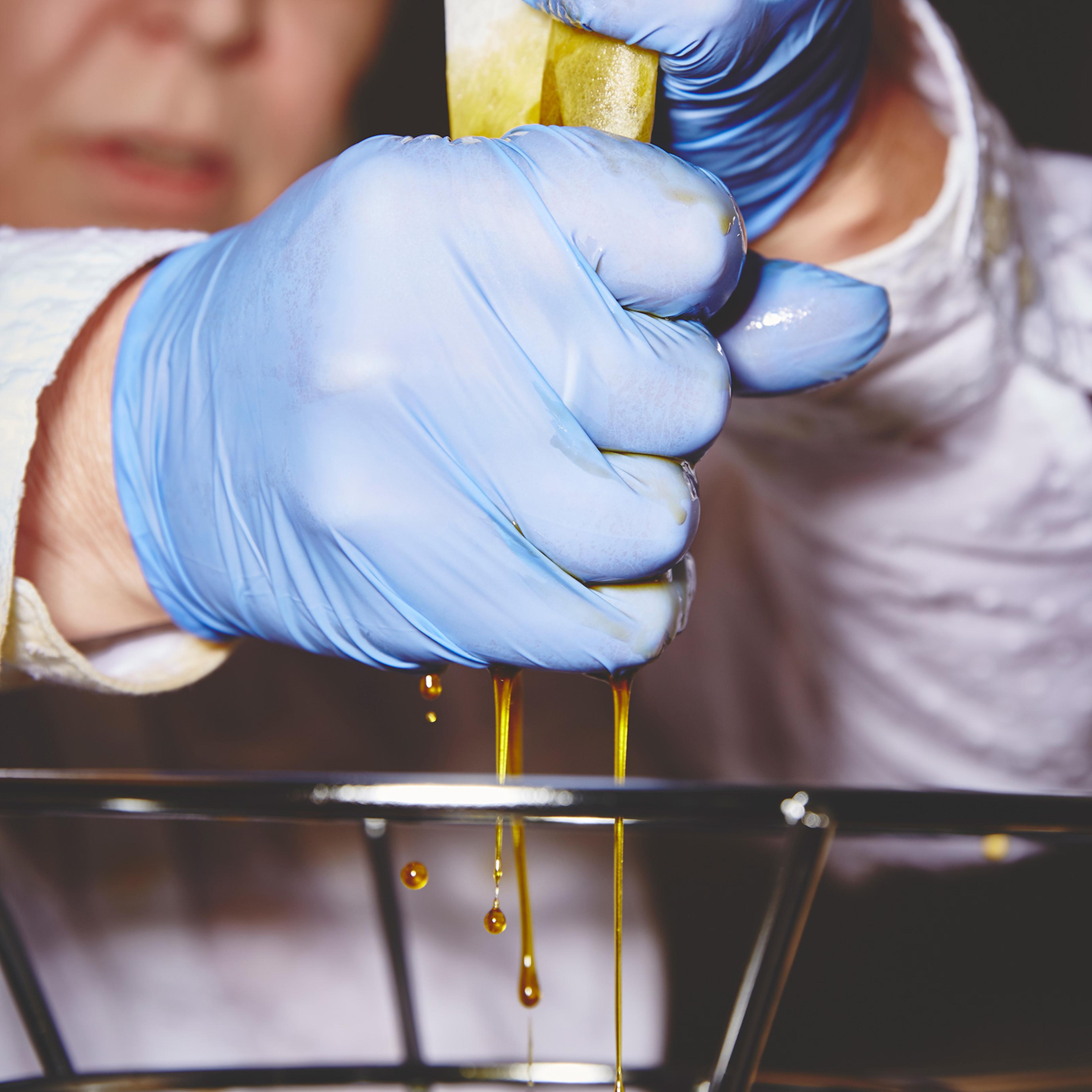 At a California facility, high-CBD cannabis extract is squeezed through a filter to produce a salve